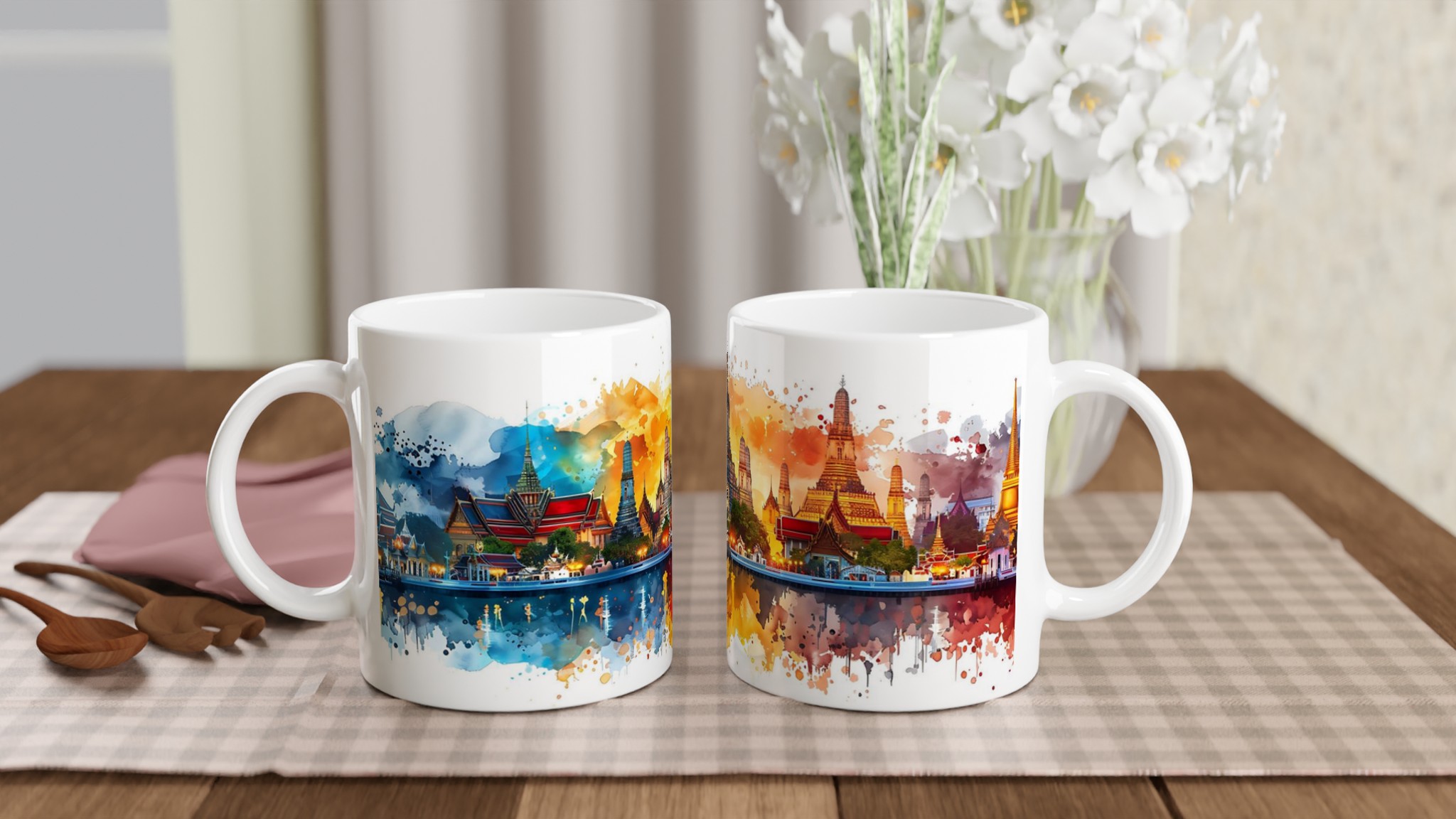 Bangkok Temples Vattenfärgsmugg – 11oz Keramisk Mugg med Vibrerande Thailändsk Silhuett 10 a2e6d83e-cddc-4abc-ab0c-e041d8024381