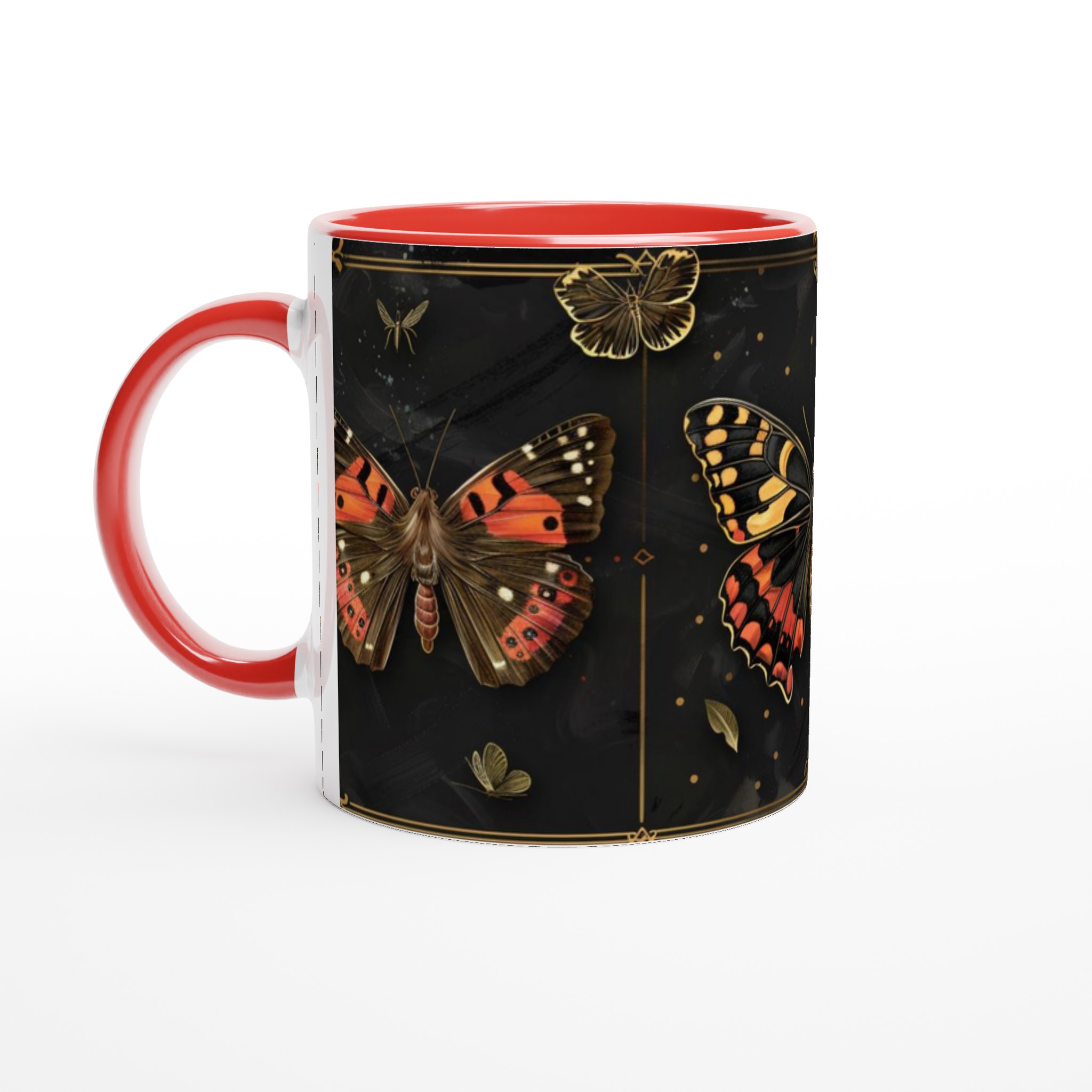 Vit 11oz keramisk mugg med elegant fjärilsdesign i sofistikerade färger 2 a952ef89-ce39-4d21-aaa9-5ee55cd4a804