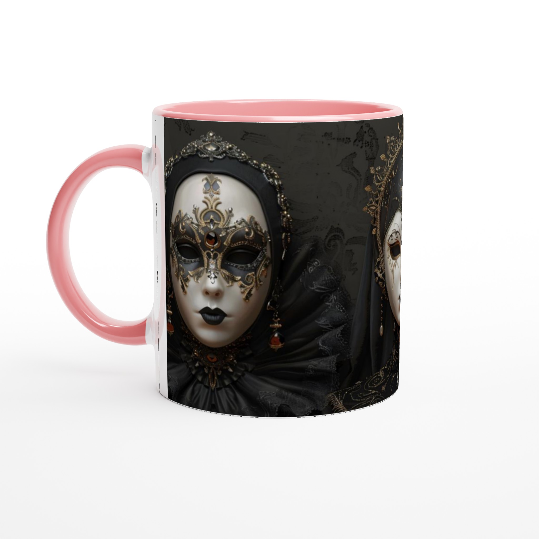 Vit 11oz keramisk mugg med dramatiskt venetianskt maskmotiv i elegant svart och guld 6 ab976c0a-bdaa-4a80-bb47-4c53634865ed