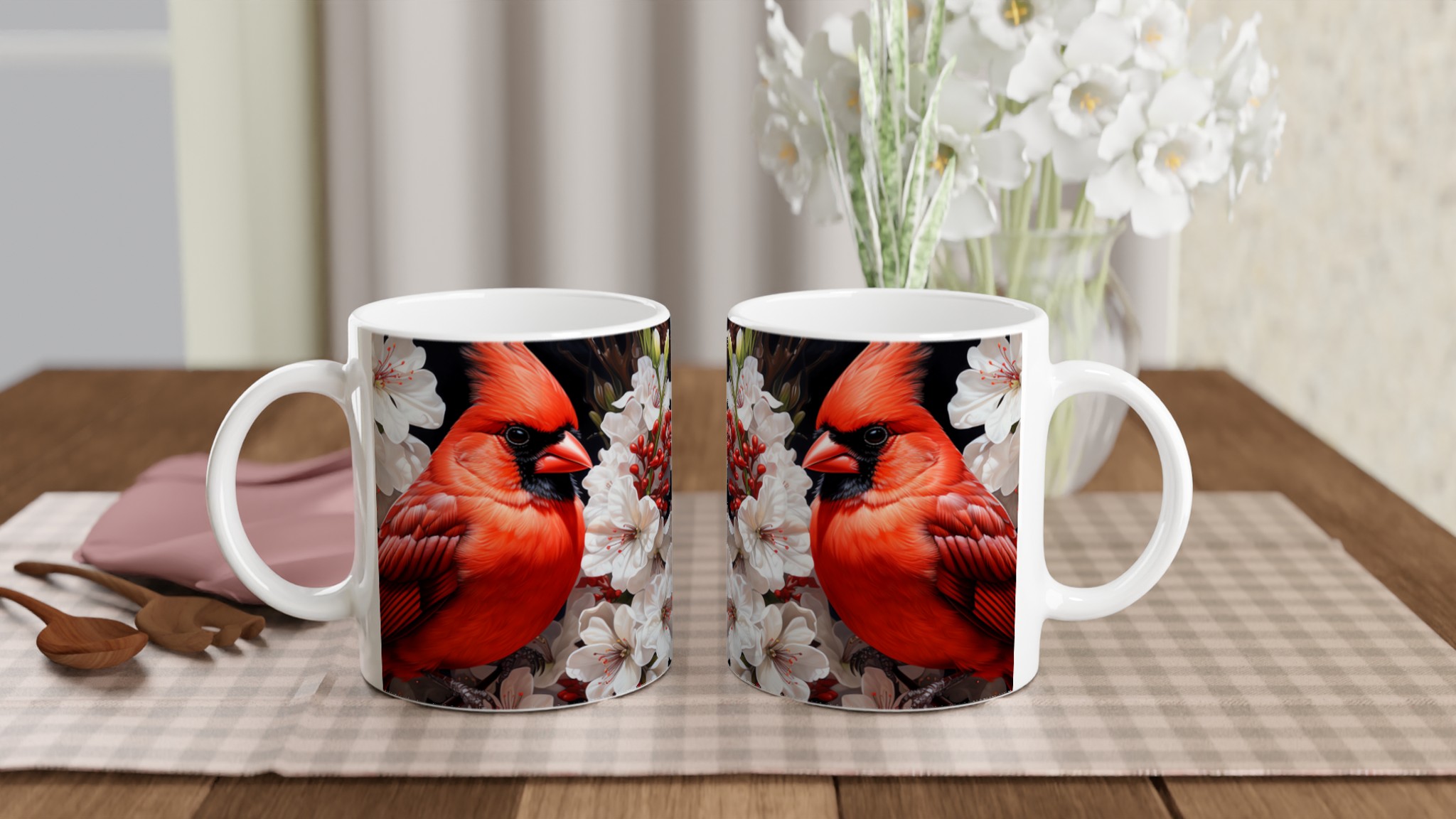 Kardinalens Prakt: 11oz Keramisk Mugg med Vibrerande Fåglar och Blommor – Välj din Färg! 11 ac835f4e-c285-4cfa-b1de-ed6660e0f6b5
