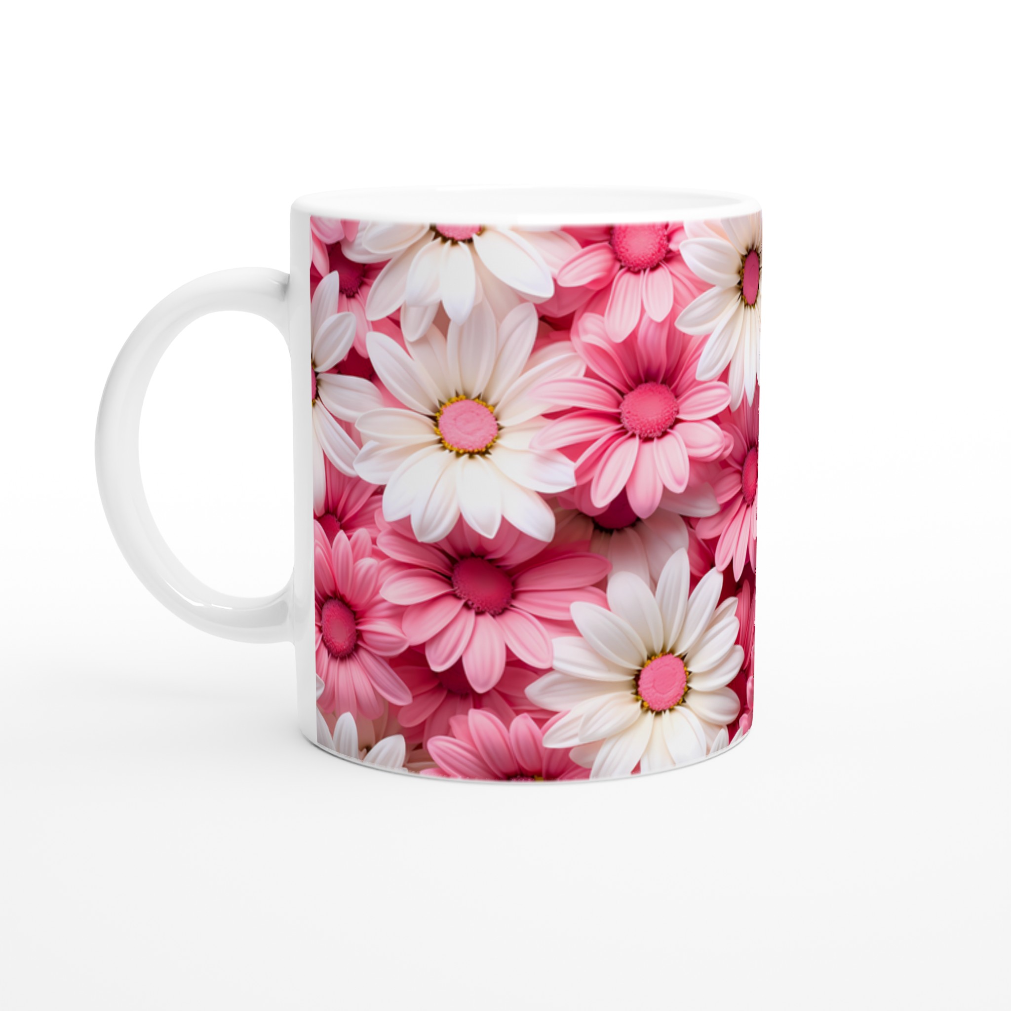 Blomstrande 11oz Keramikmugg – Rosa & Vit Margeritmönster, En Färgexplosion för Din Dryck 1 b2628891-ad4f-4318-af6c-b654ae2400e4