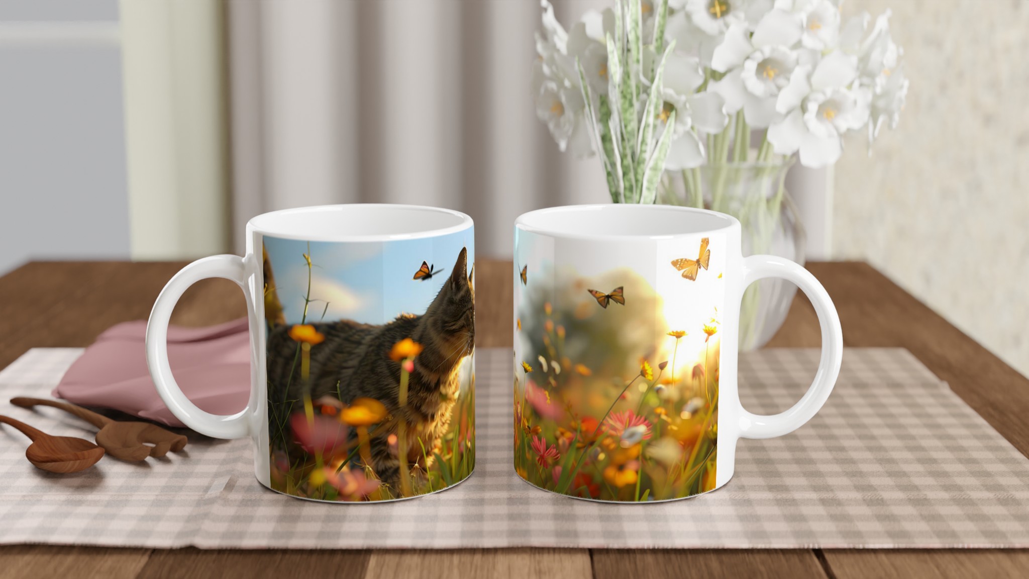 Katt bland sommarblomster – Vit 11oz keramikmugg i ditt val av sju livfulla färger 10 b8c74008-57b6-47a7-b3ed-d47916c7631b
