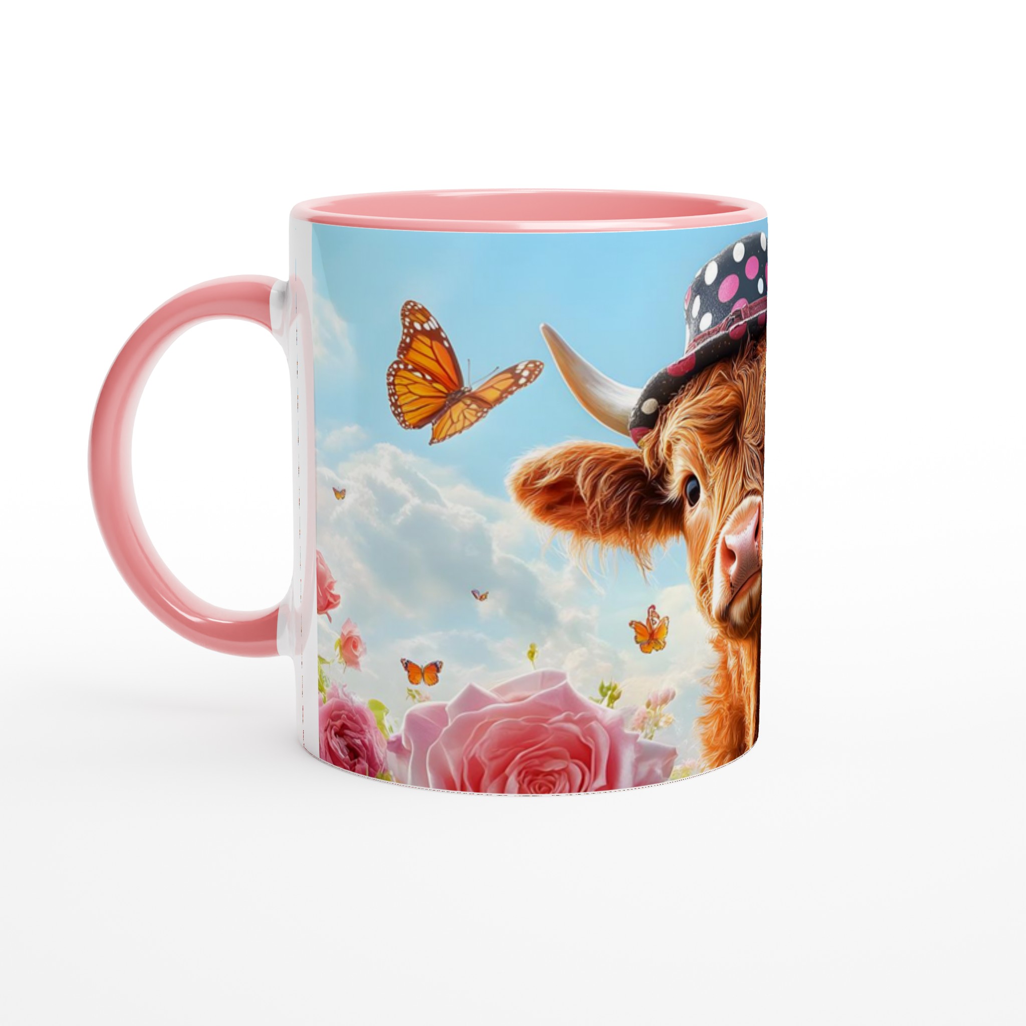 Charmig Highland Ko Mugg - Söt Djurdesign med Rosa Rosor och Fjärilar, i Ditt Val av Keramiska Färger 6 bcd41be2-da4b-42d3-8cb9-0d4e165380a8