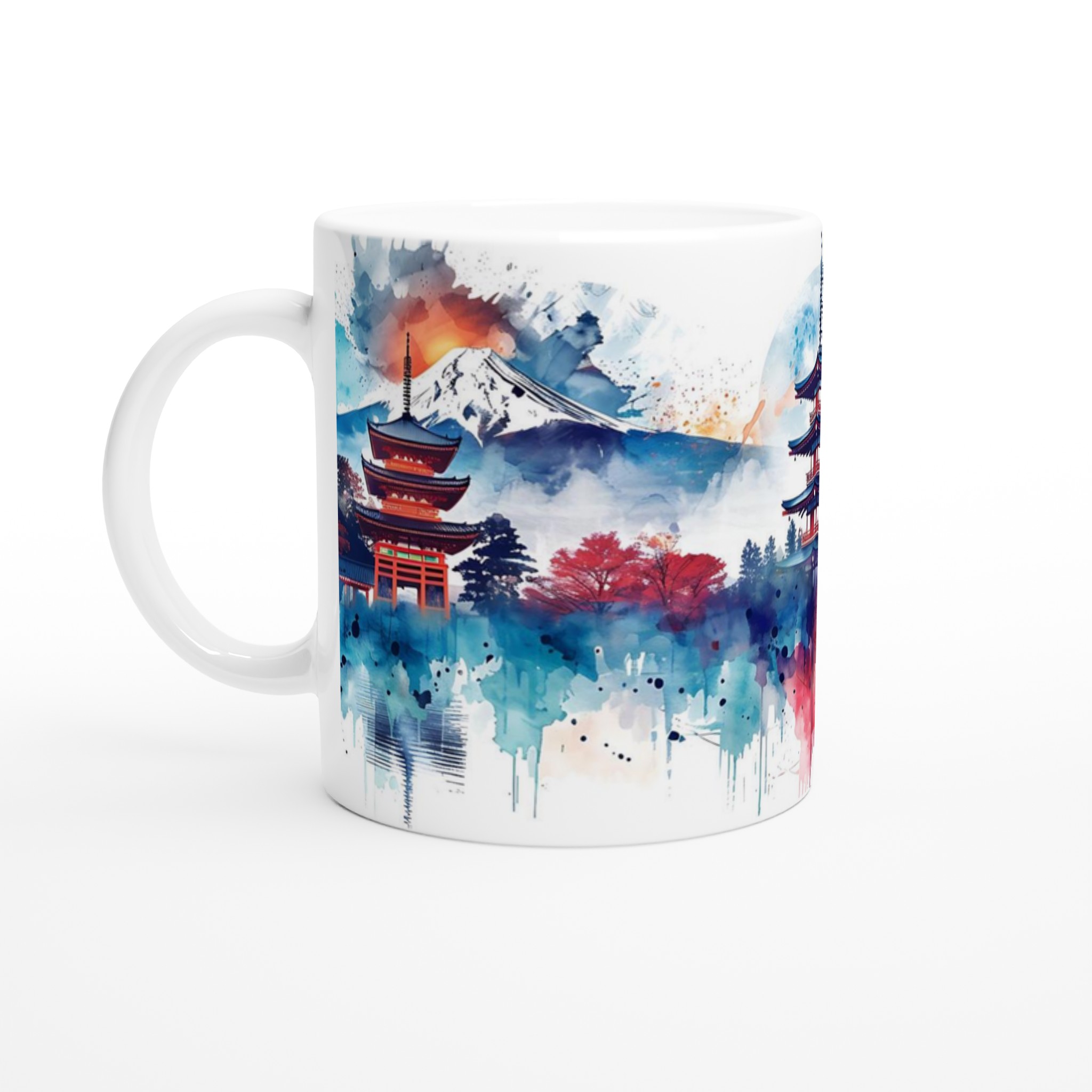 Japansk Akvarell Konst Mugg - Livfull Pagoda & Berg Design 11oz Keramisk Mugg 1 bd15bc25-3251-4cf4-8473-4670f9892b7d