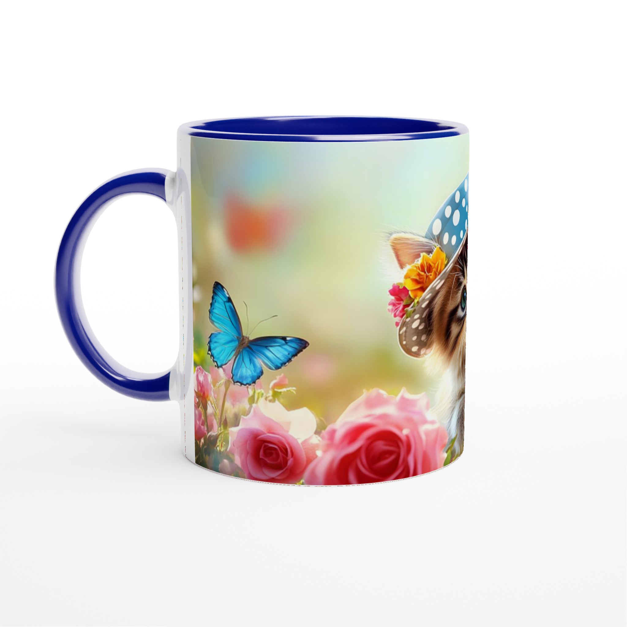 Söt kattunge i trädgård keramisk mugg – charmiga blommor och fjärilar – Välj din favoritfärg! 4 bf615df2-f28c-4cc3-a591-d63987651b41