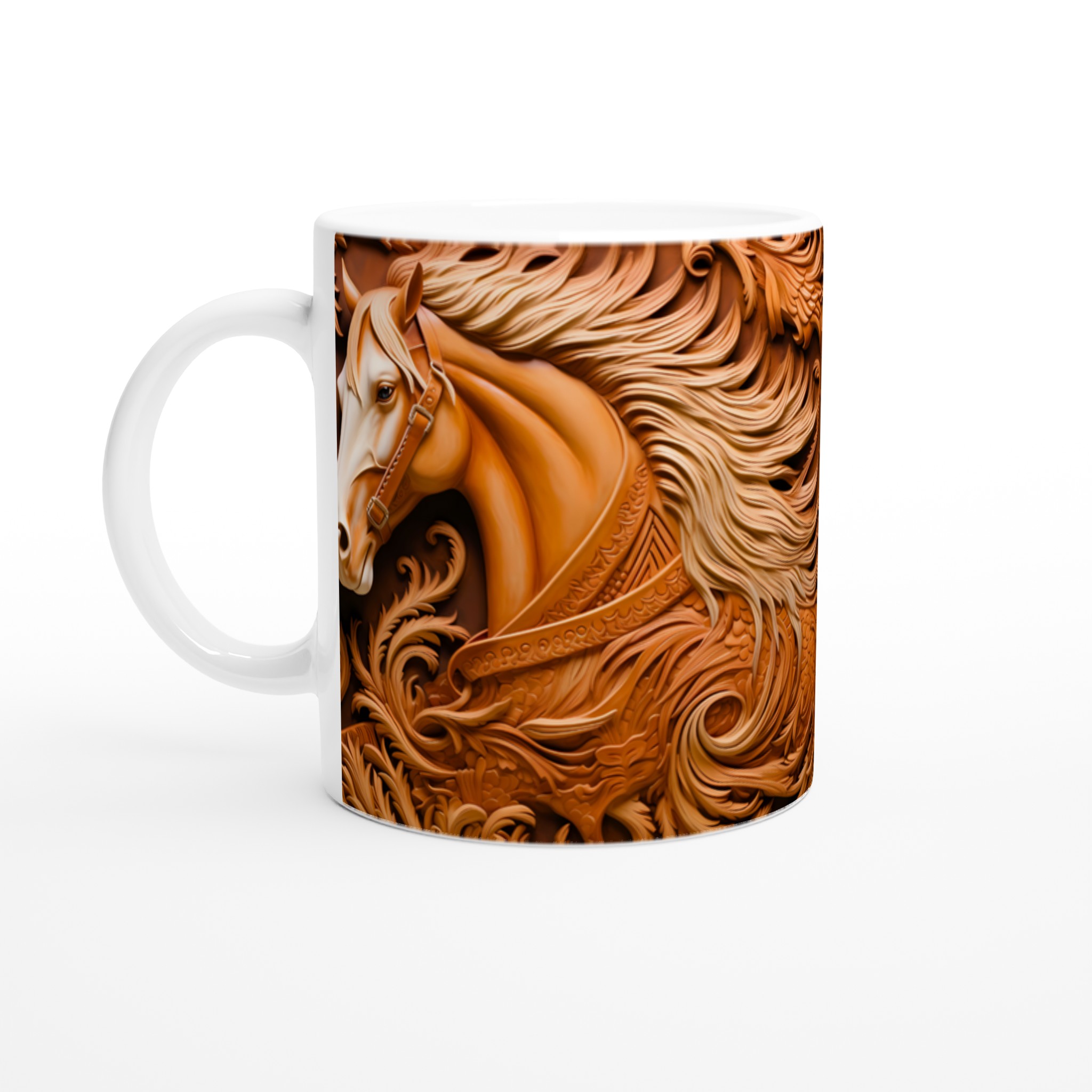Majestätisk Träsnidad Hästdesign 11oz Keramikmugg – Rustik Charm i Valfri Färg 1 bf88d352-f974-4570-be61-09730aea6b2d