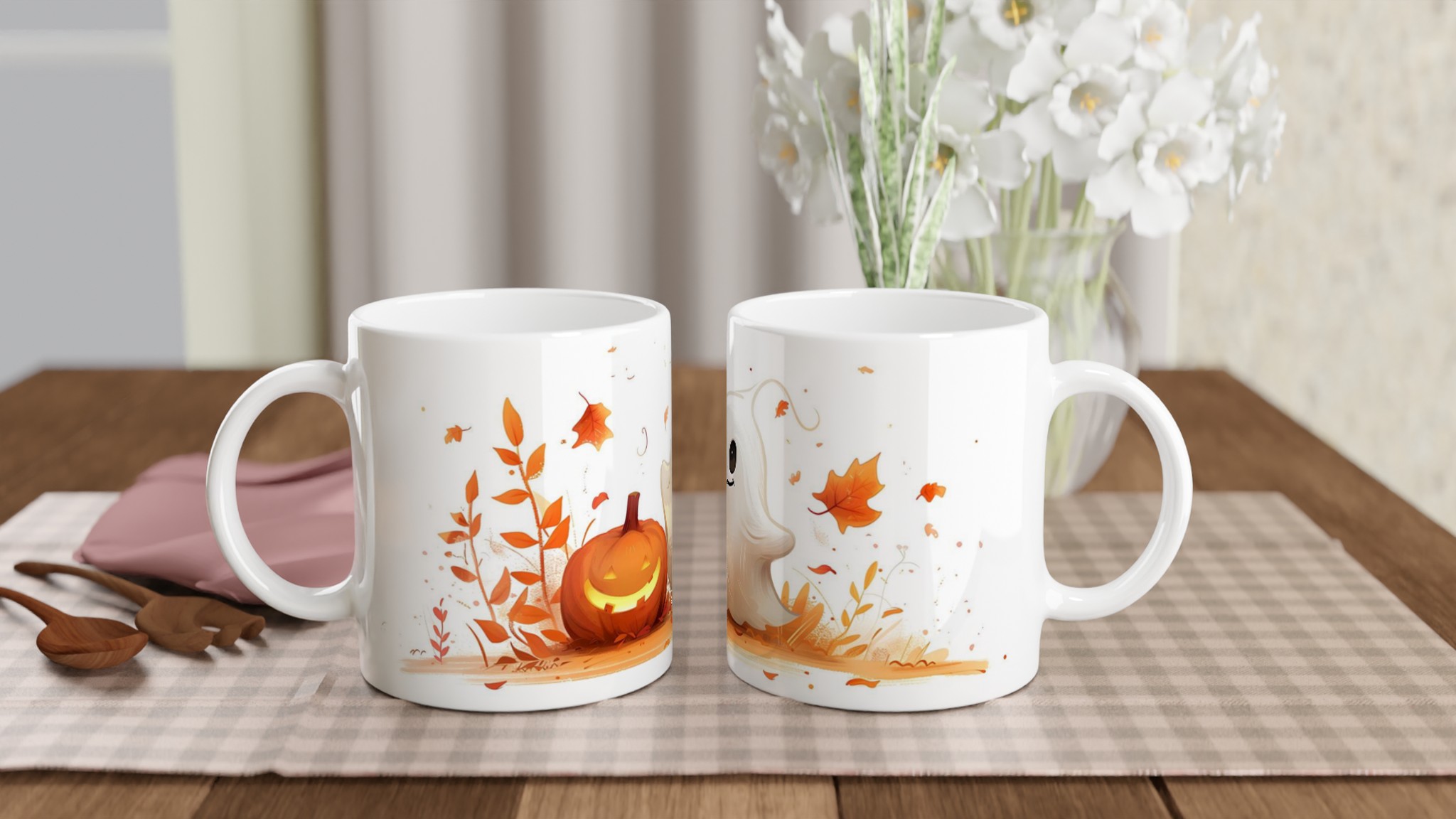 Busig Halloween Mugg - Söt Spöke & Pumpa i Höstfärger | 11oz Keramisk Kaffemugg 10 c125d173-0142-47b9-b9df-813c10996296
