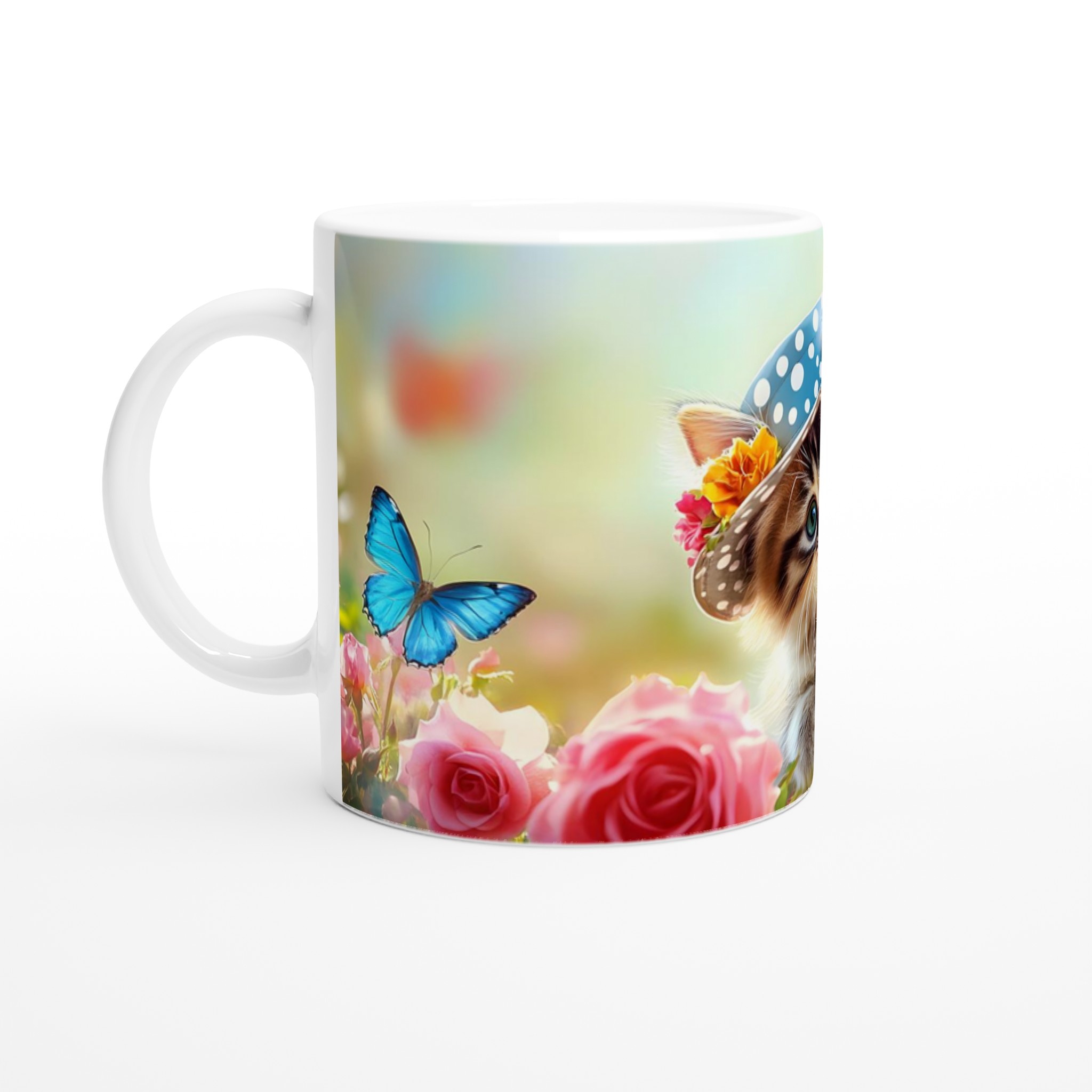 Söt kattunge i trädgård keramisk mugg – charmiga blommor och fjärilar – Välj din favoritfärg! 1 c2866fb1-fdb3-4516-8fe3-c8e0f1f7b3a8