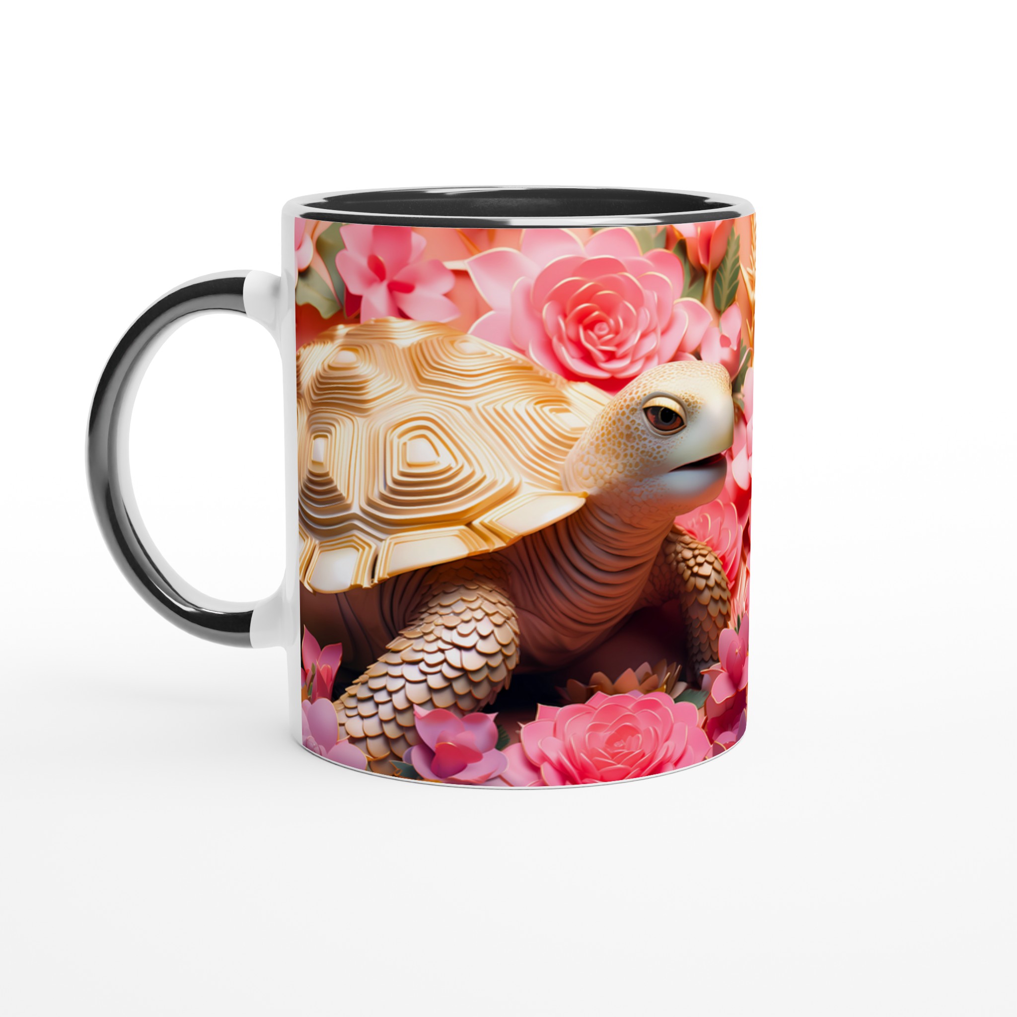 Lyxig Sköldpaddsmugg: Gulddetaljer & Rosa Blommor – 11oz Keramikmugg i Valfri Färg 7 c621f572-ad36-4f4d-8b54-92c0fb51bd03