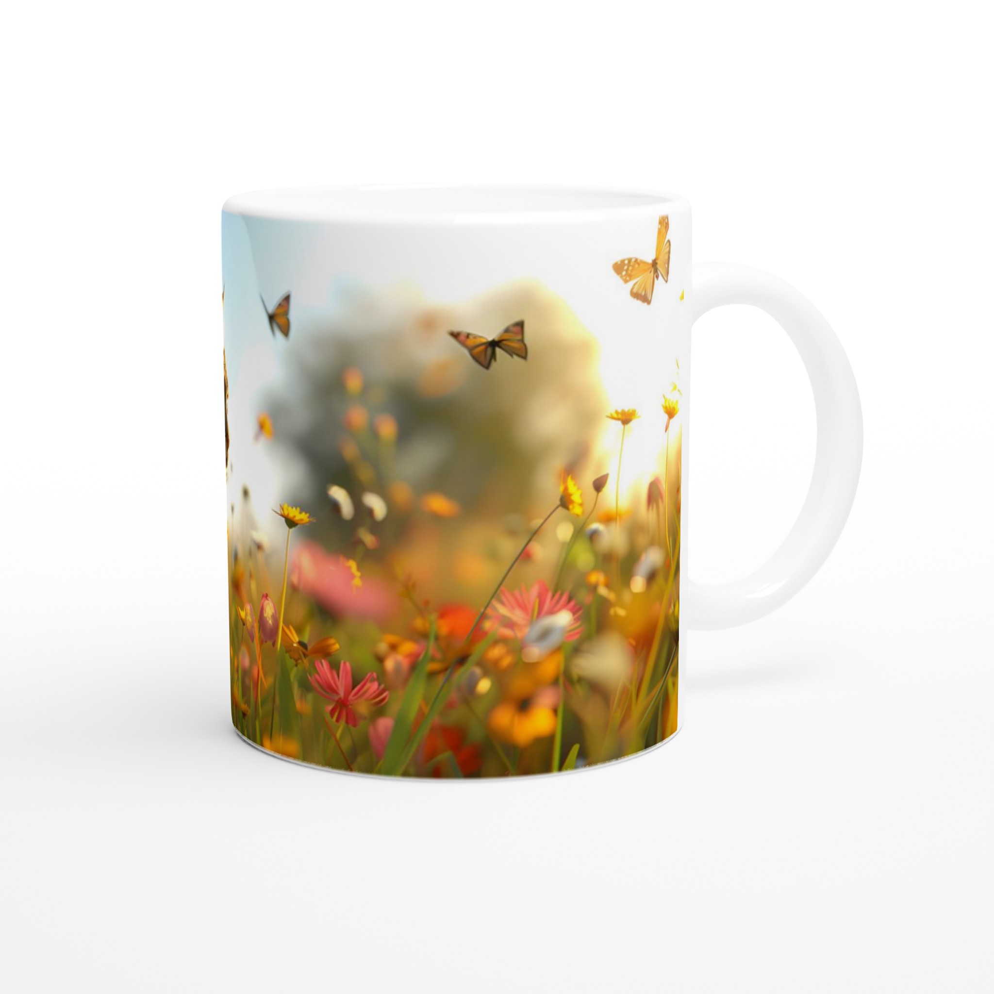 Katt bland sommarblomster – Vit 11oz keramikmugg i ditt val av sju livfulla färger 9 c6b03a3e-5249-4402-8174-7c48e004225a