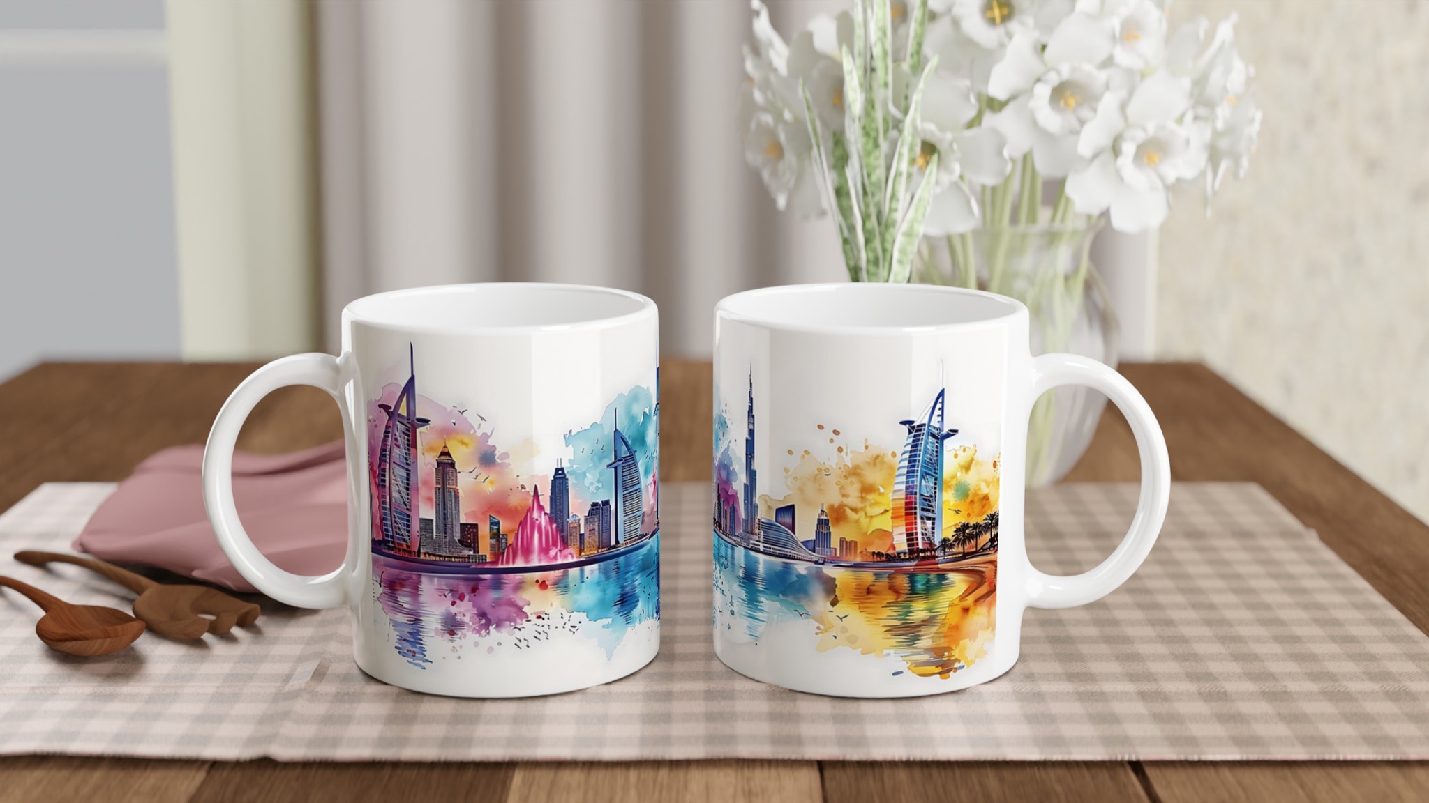 Dubai Akvarell Stadssiluett Mugg - Konstnärlig Kaffekopp med Burj Khalifa & Burj Al Arab i Levande Färger 10 c75bef9c-30fc-475f-815a-1b334ff93586