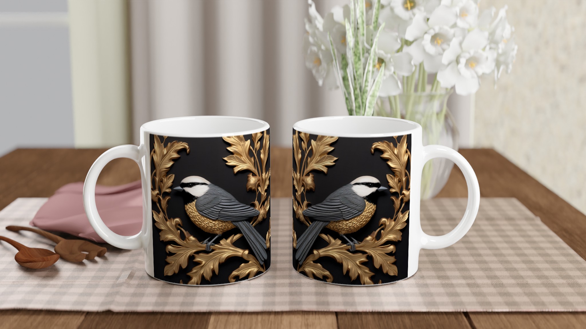 Vit 11oz keramisk mugg med elegant fågel- och lövdesign i guld och grått – välj din favoritfärg 10 c8282c33-c542-4696-920c-f9cbebe78152