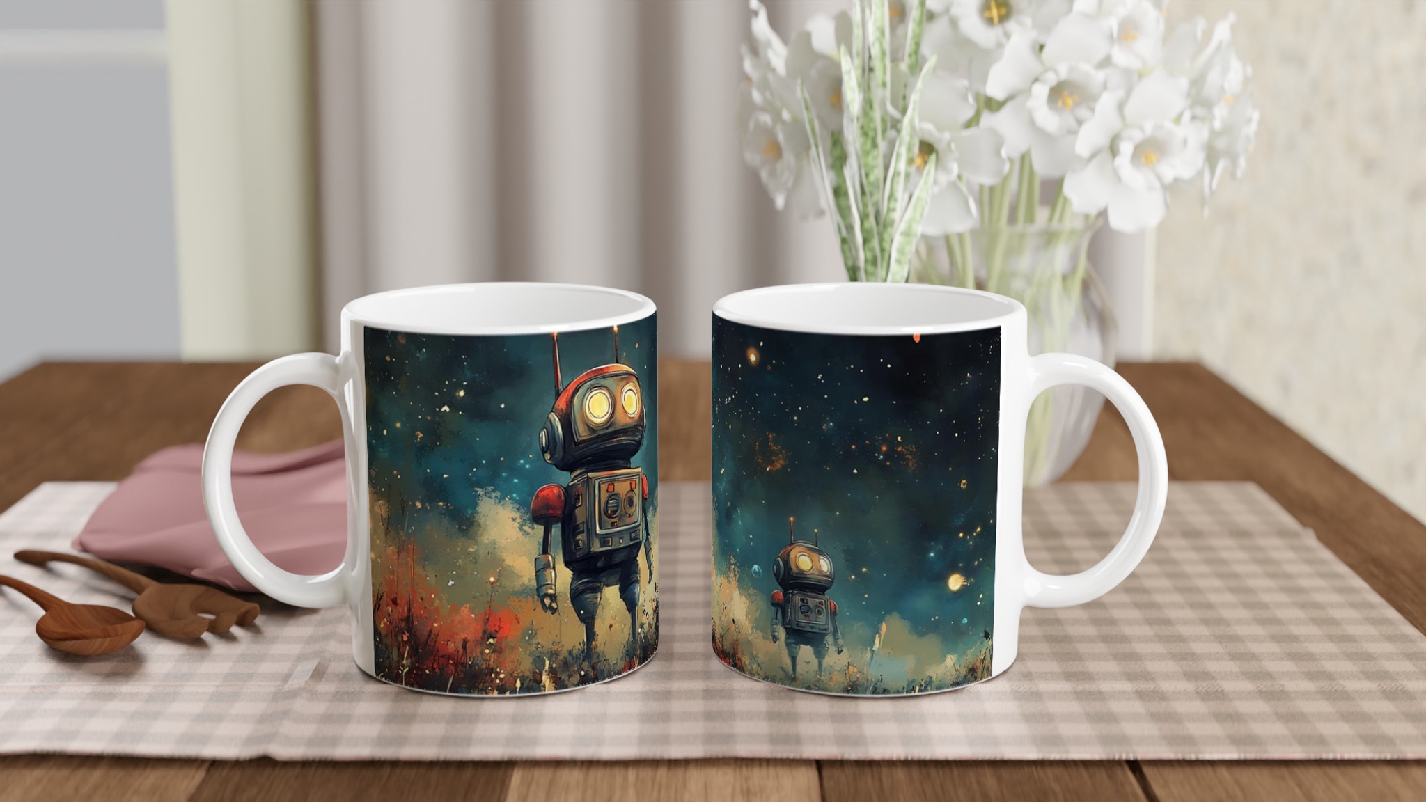 Retro Roboter Äventyr Mugg – Sci-Fi Konst Keramikmugg i ditt val av 7 färger 10 c84e6408-89d8-48fb-b4ec-1e5f5c82a610