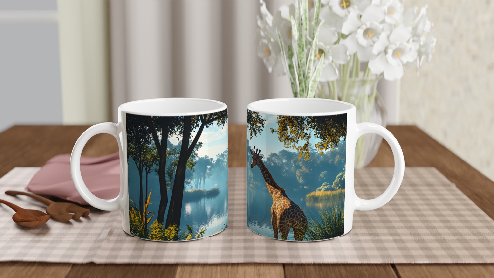 Giraffe vid Morgonsjön – En Fridfull 11oz Keramikmugg i ditt Val av Färg 10 cb2e2ba9-3edc-4e95-a03b-8d2b8ff99a8e