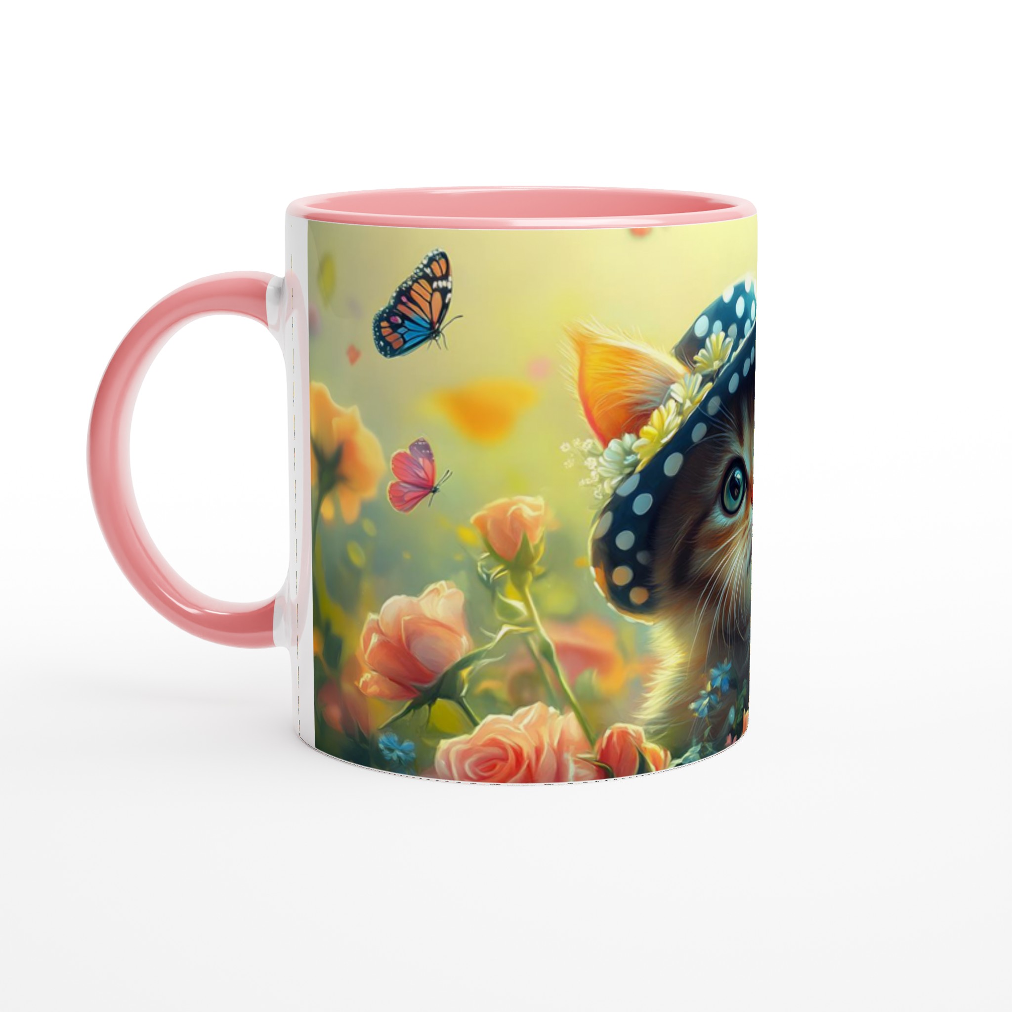 Söt kattunge i hatt & blommor 11oz Keramisk Mugg – Drömscen i Pastell – Välj din färg! 6 cce52e69-00db-481f-a849-9cb826f04419