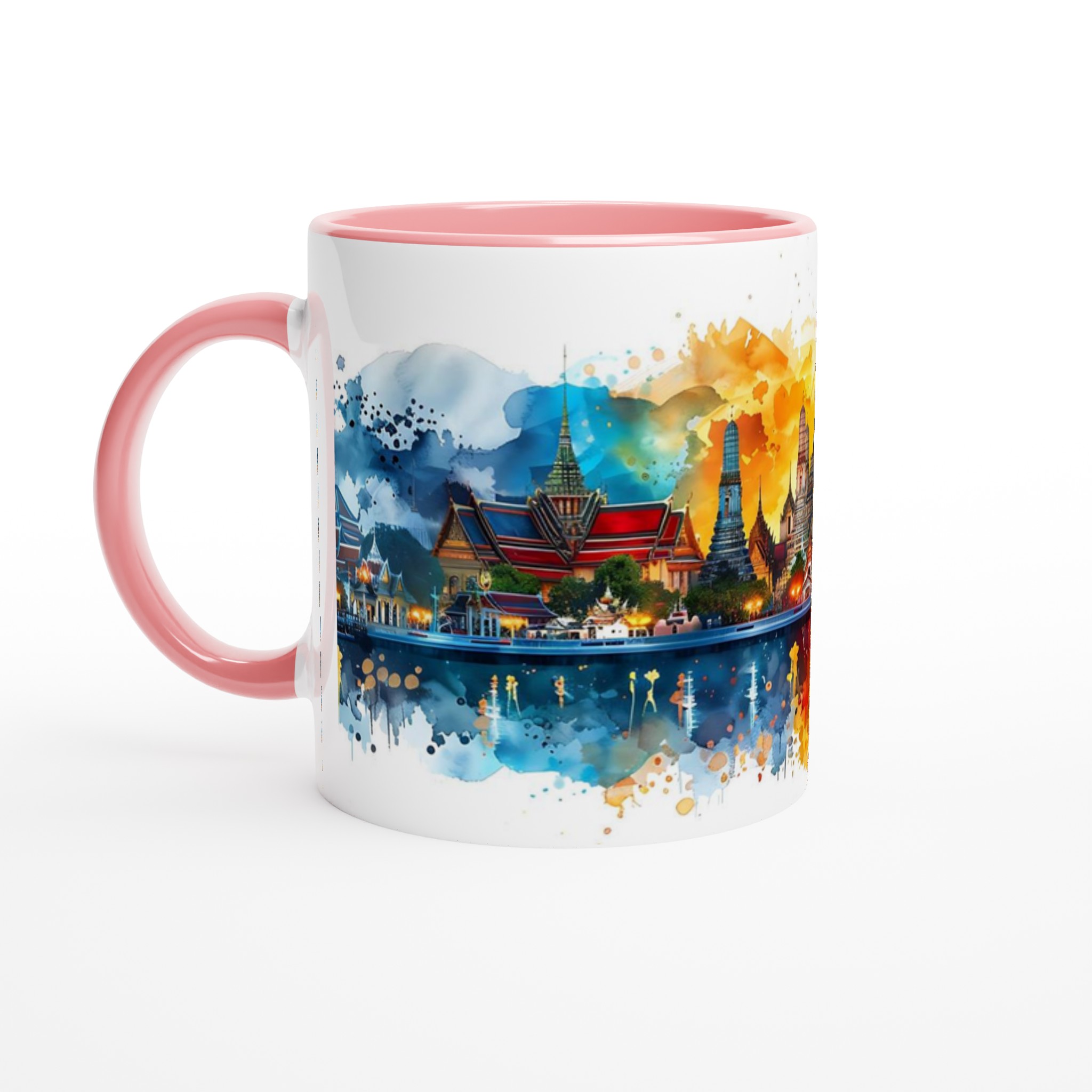 Bangkok Temples Vattenfärgsmugg – 11oz Keramisk Mugg med Vibrerande Thailändsk Silhuett 6 ce3d16b8-999c-49db-a11a-630c55e75a65