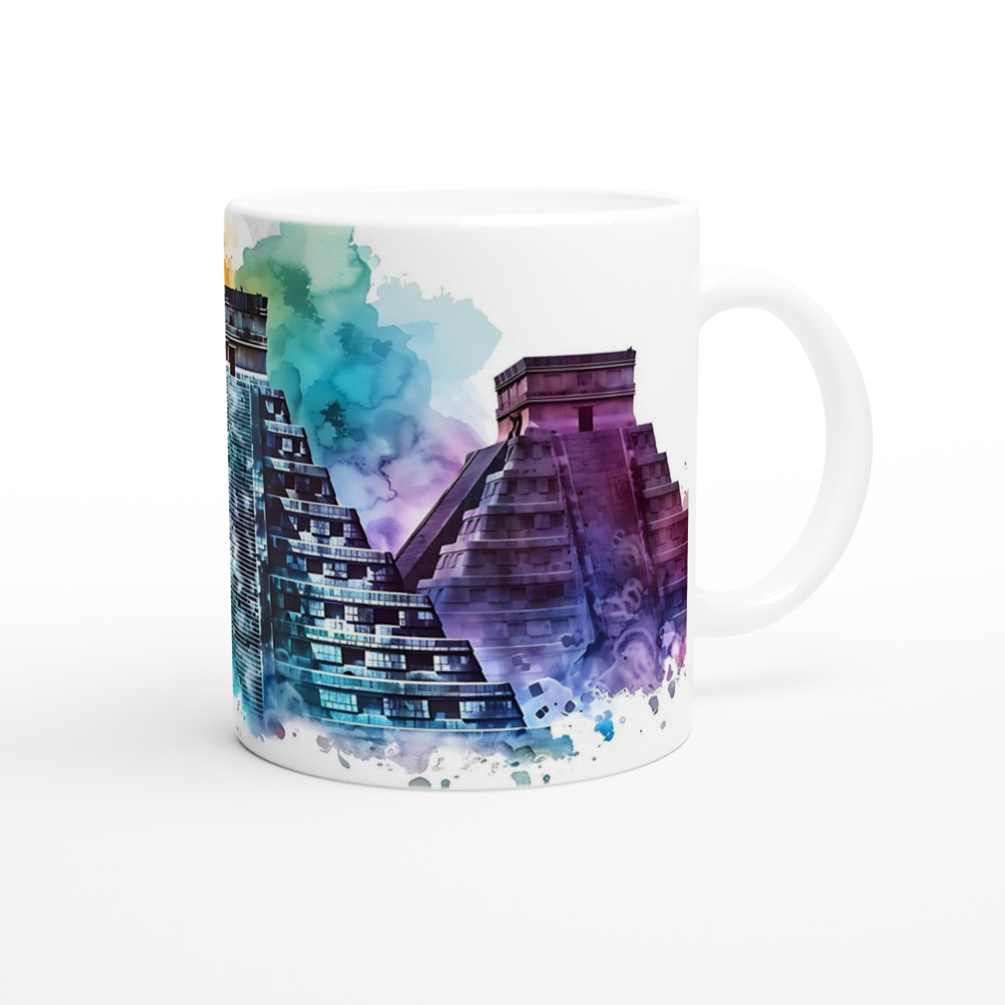 Mångfärgad Maya Pyramider 11oz Keramikmugg – Konstnärligt Vattenfärgsuttryck 9 ce5c60d5-a822-4808-a935-5e12dbd680d1