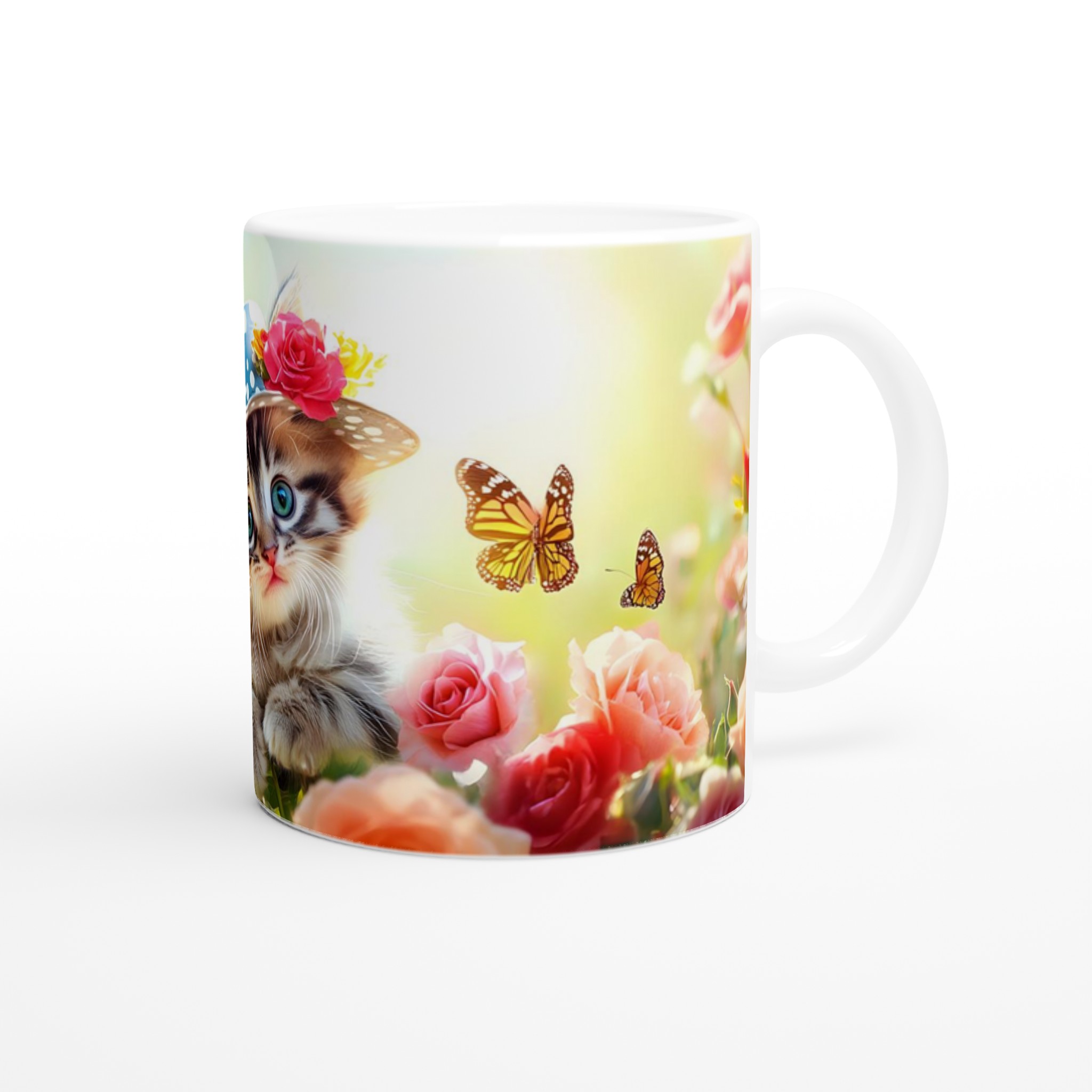 Söt kattunge i trädgård keramisk mugg – charmiga blommor och fjärilar – Välj din favoritfärg! 9 d00e5c39-ee56-4943-a30a-88029b3cc277