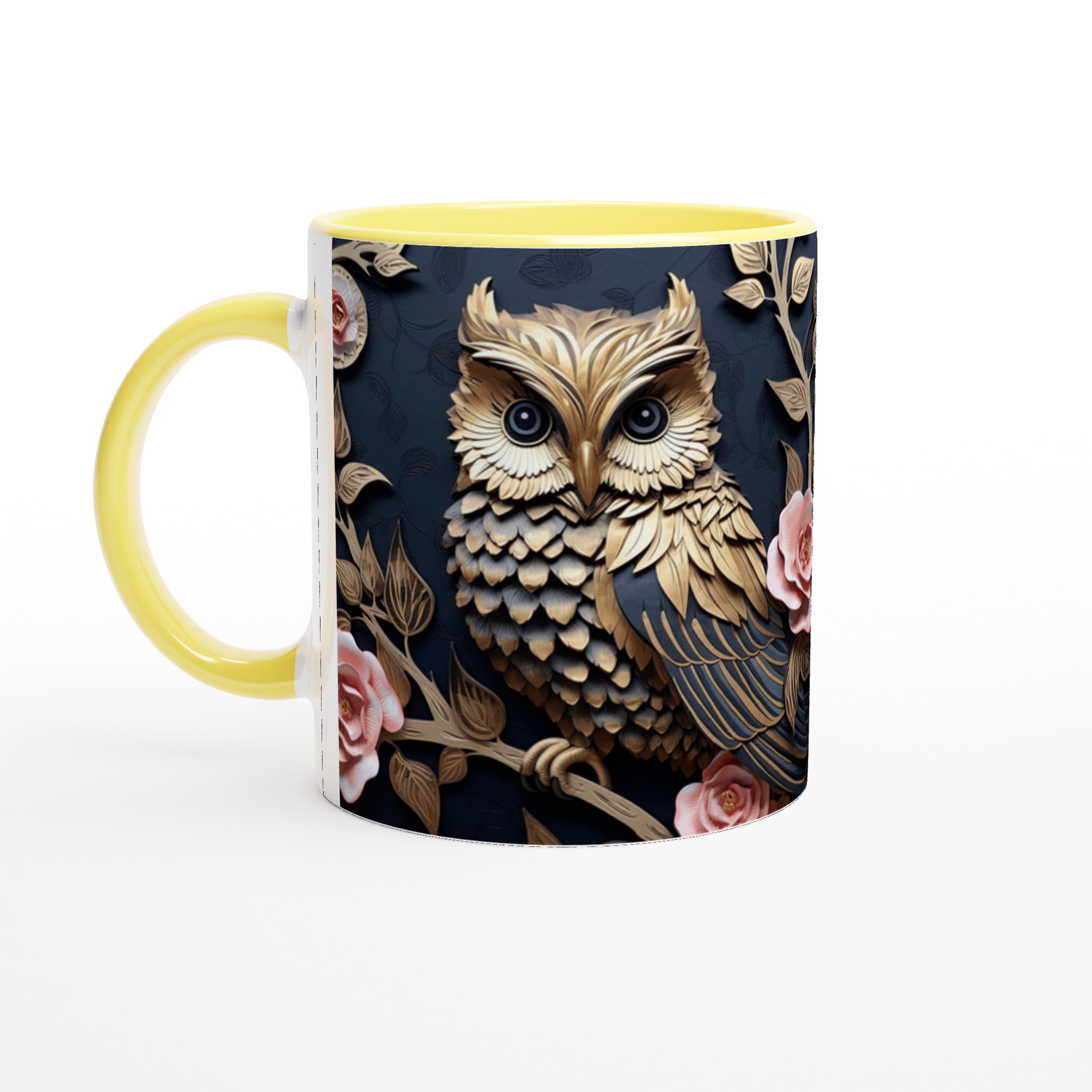 Vit 11oz keramisk mugg med elegant ugglemotiv och rosa blomsterdetaljer – välj din färg 5 d101eaea-7553-4c6a-890f-9c4b8160b85d