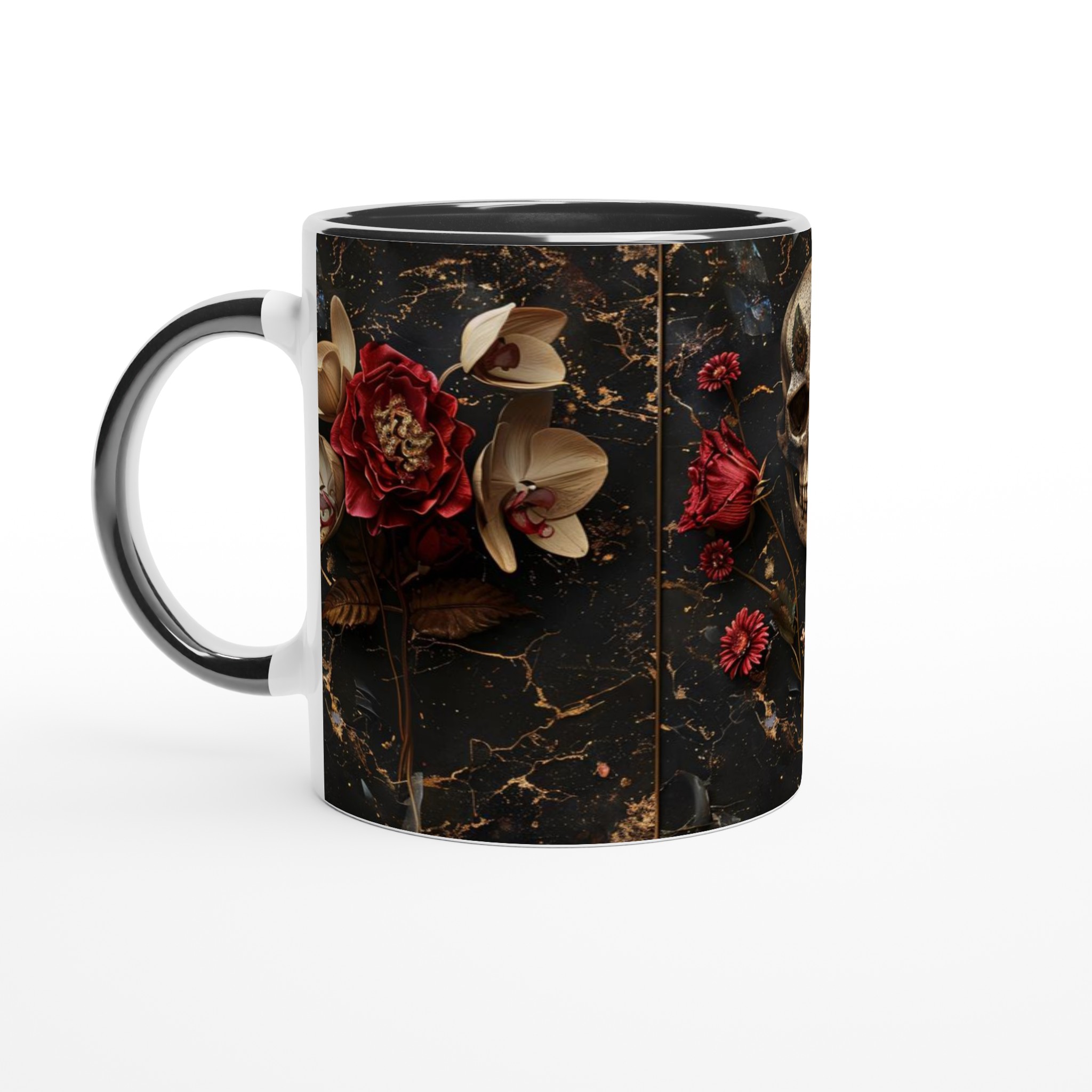 Mystisk Mörk Elegans 11oz Keramisk Mugg – Dödskalle, Blommor & Guldaccenter i Välj Din Färg 7 d39ba658-aab8-44b8-a984-c9fa577185fe