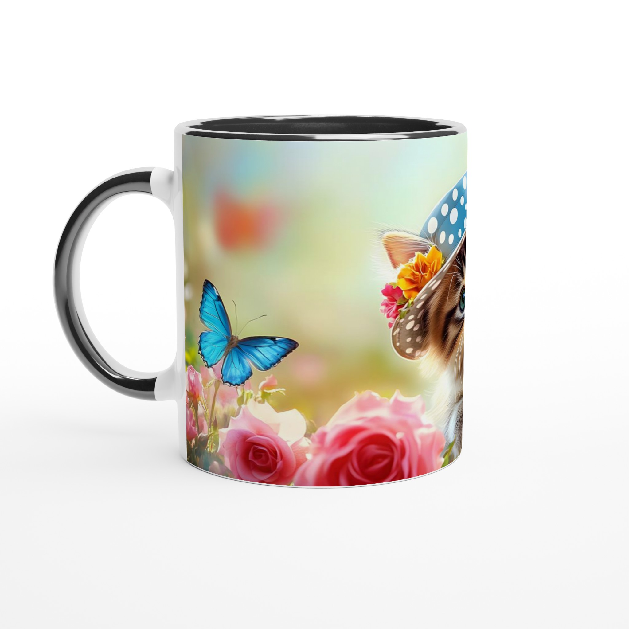 Söt kattunge i trädgård keramisk mugg – charmiga blommor och fjärilar – Välj din favoritfärg! 7 d5fd4303-9c35-4556-86bc-ff5aec66dedd