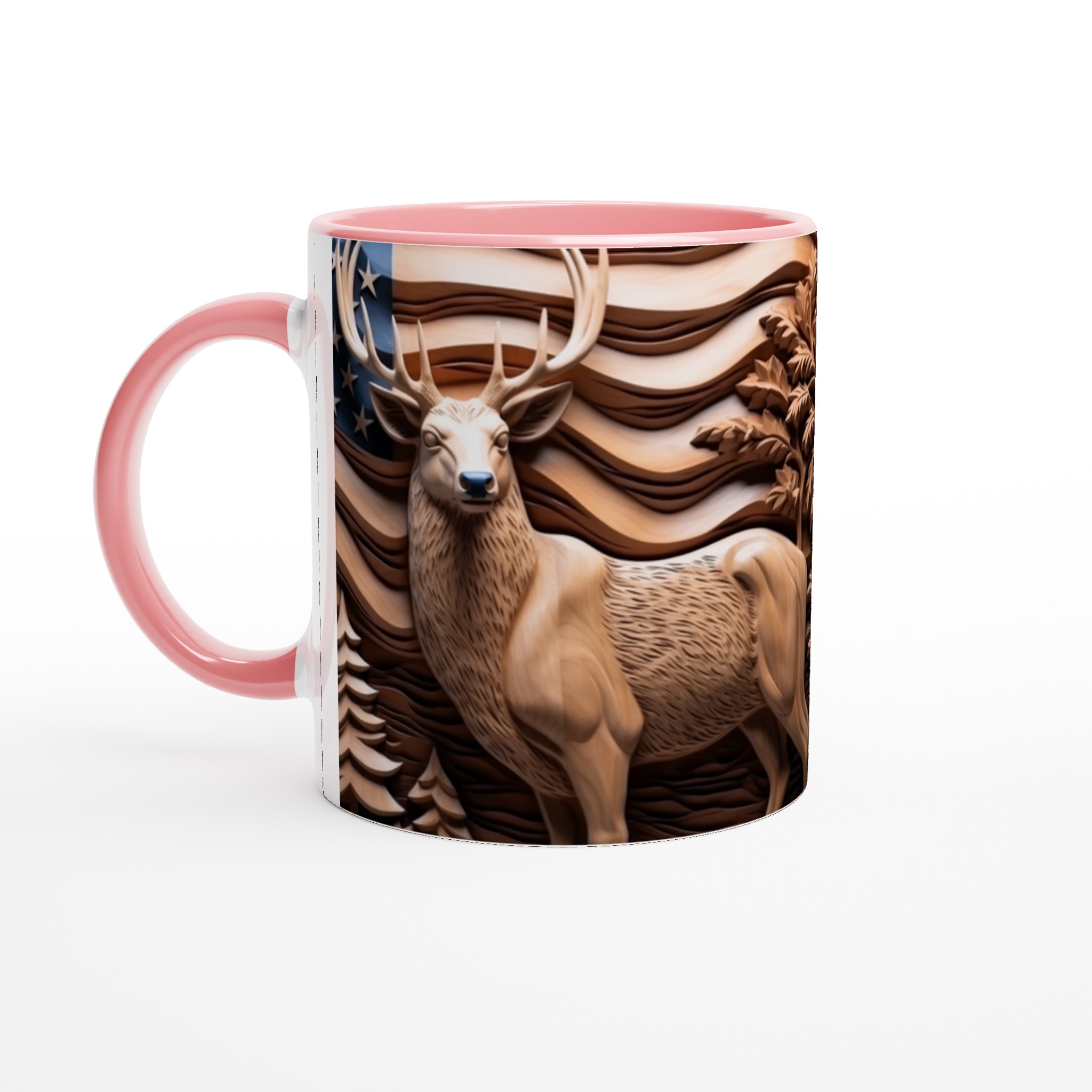 Jaktinspirerad Keramikmugg - Skogsdesign med Rådjur & Amerikanska Flaggan i Träsnittsstil, Välj din färg! 6 d61c1b1f-e5dd-4711-82ec-c18c0583f60c