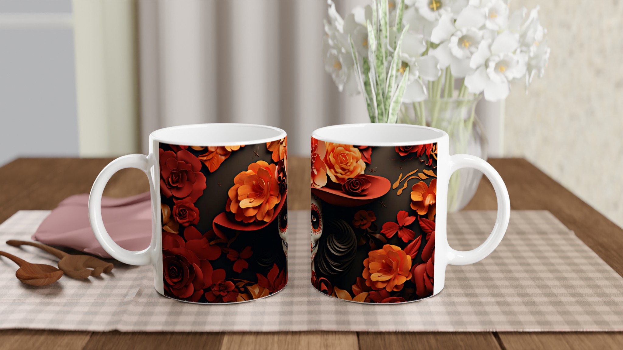 Fiesta Floral Keramikmugg - Skallmönster med Röda & Orangea Blommor, 11oz – Välj bland 7 Färgstarka Muggar! 10 d6cc1899-3adc-4ed5-ab73-3910dfca29b8