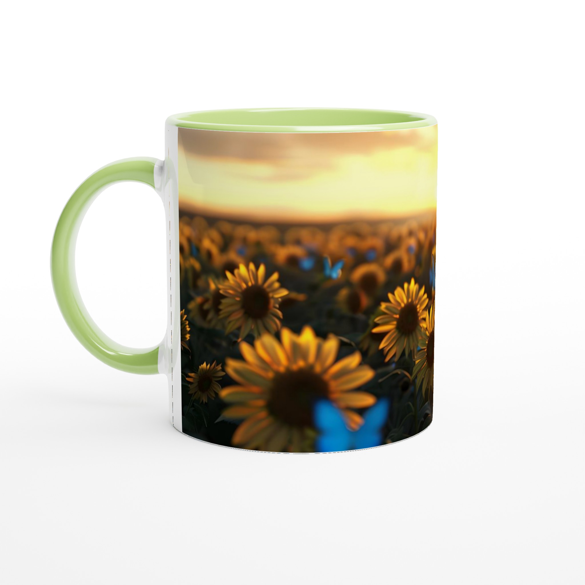 Solrosfält vid solnedgången 11oz Keramisk Mugg – Drömmer om ljusblå fjärilar 3 d7775d55-5476-4a80-8fe1-55f6abe1f3d8