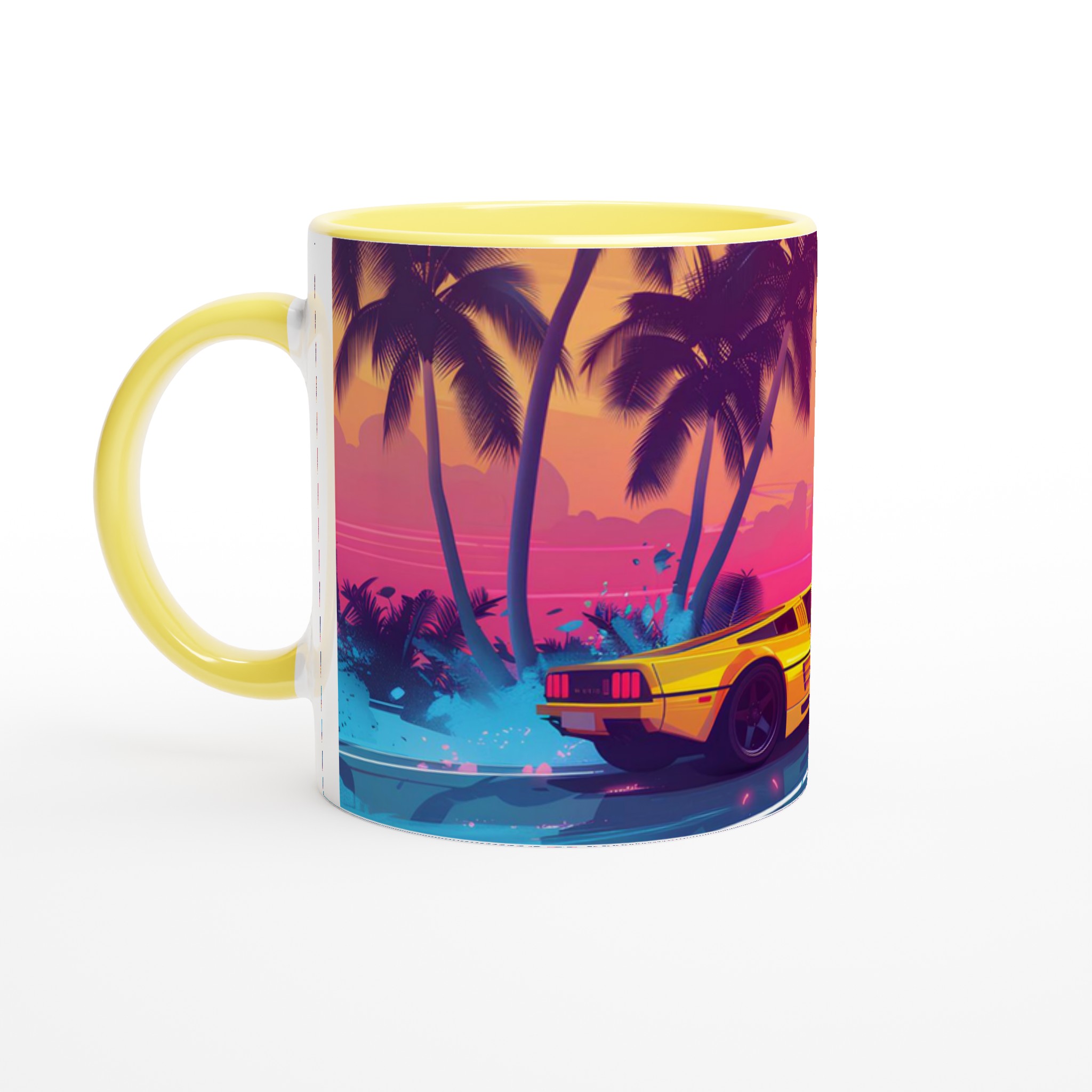 Neon Sunset Retro Sportbil Mugg – 80-tals Estetik i Vit Keramik, Välj Din Färg! 5 da100f88-0537-485b-a3eb-79ca7c0734af