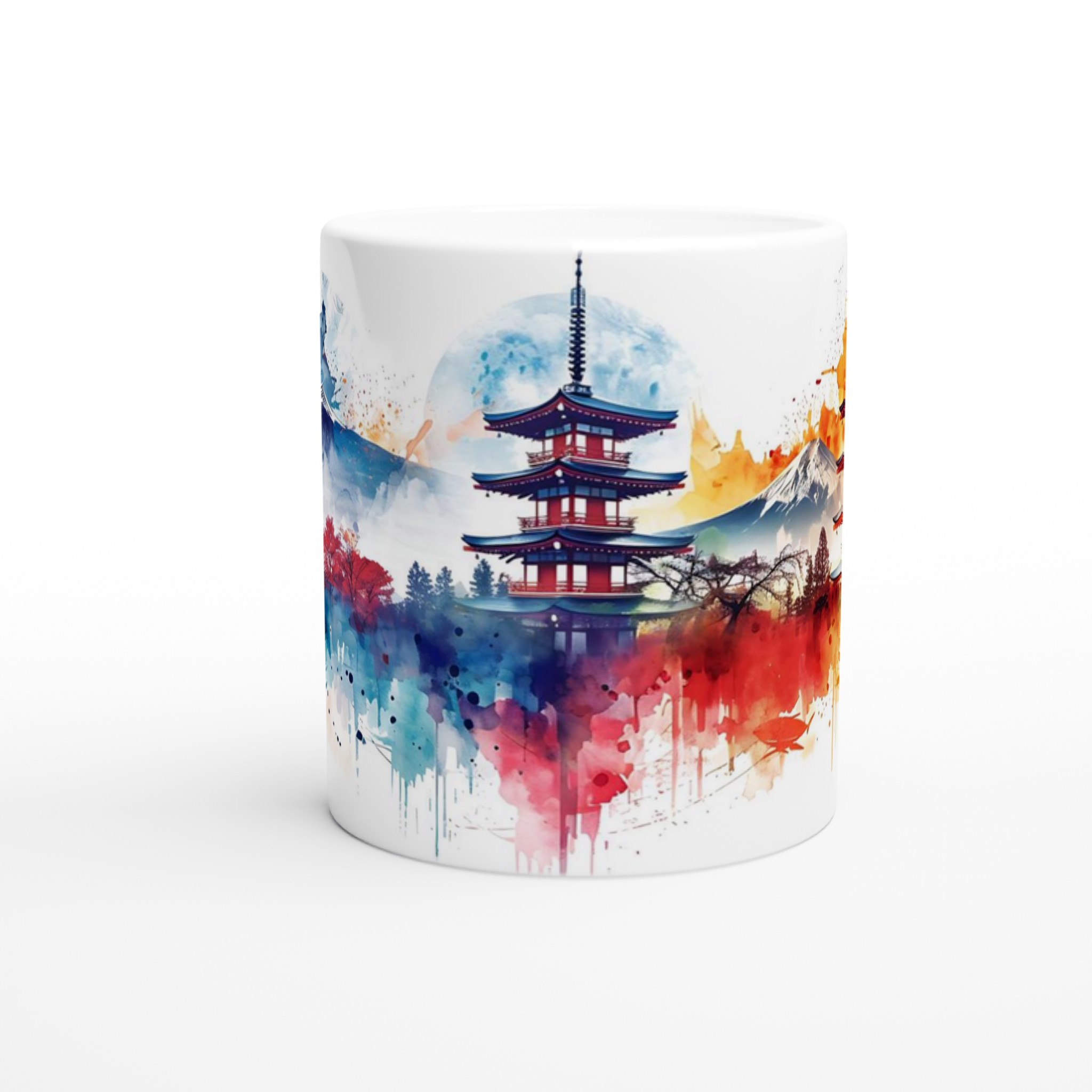 Japansk Akvarell Konst Mugg - Livfull Pagoda & Berg Design 11oz Keramisk Mugg 8 dafb6a45-dc8d-40e3-9690-ee37866a2f3d
