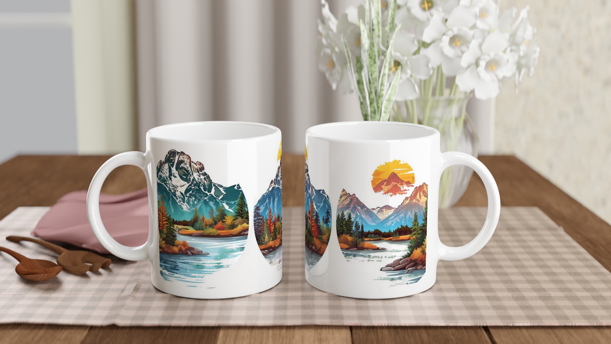 Naturnära Vinterlandskap Keramikmugg – 11 oz Vit Mugg med Fjäll & Furu 10 db2f29b5-d625-4e05-8dff-a4f5db56e832