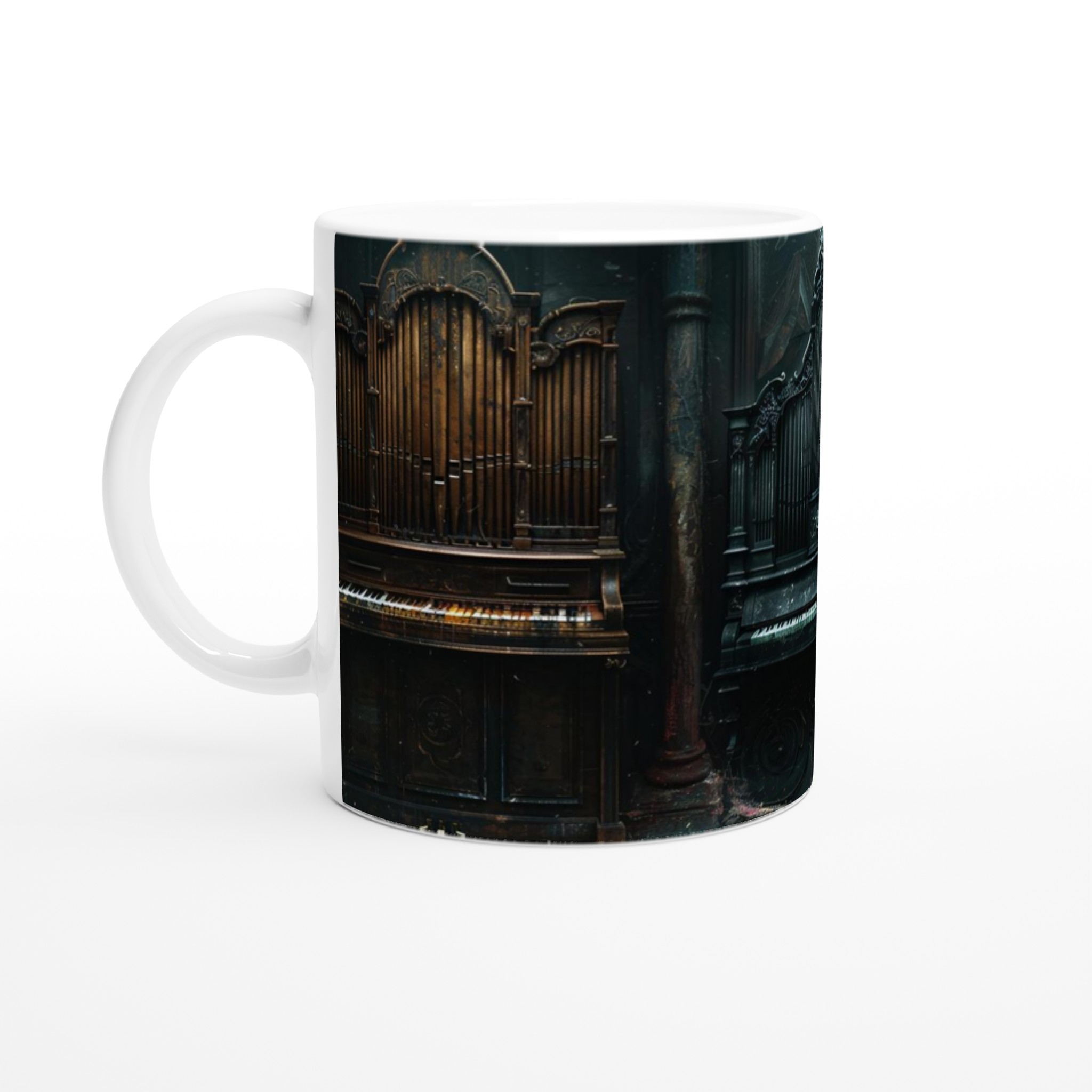 Vit 11oz Keramisk Mugg med Gotiskt Orgelmotiv i Tidlös Elegans 1 de14442c-a336-4ba6-878e-90e24b922029