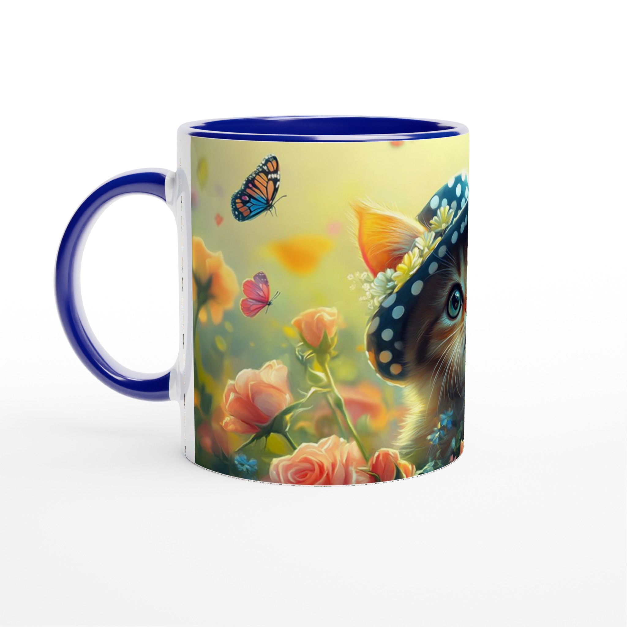 Söt kattunge i hatt & blommor 11oz Keramisk Mugg – Drömscen i Pastell – Välj din färg! 4 df65c34c-3869-4be9-80c1-108132a8df9c
