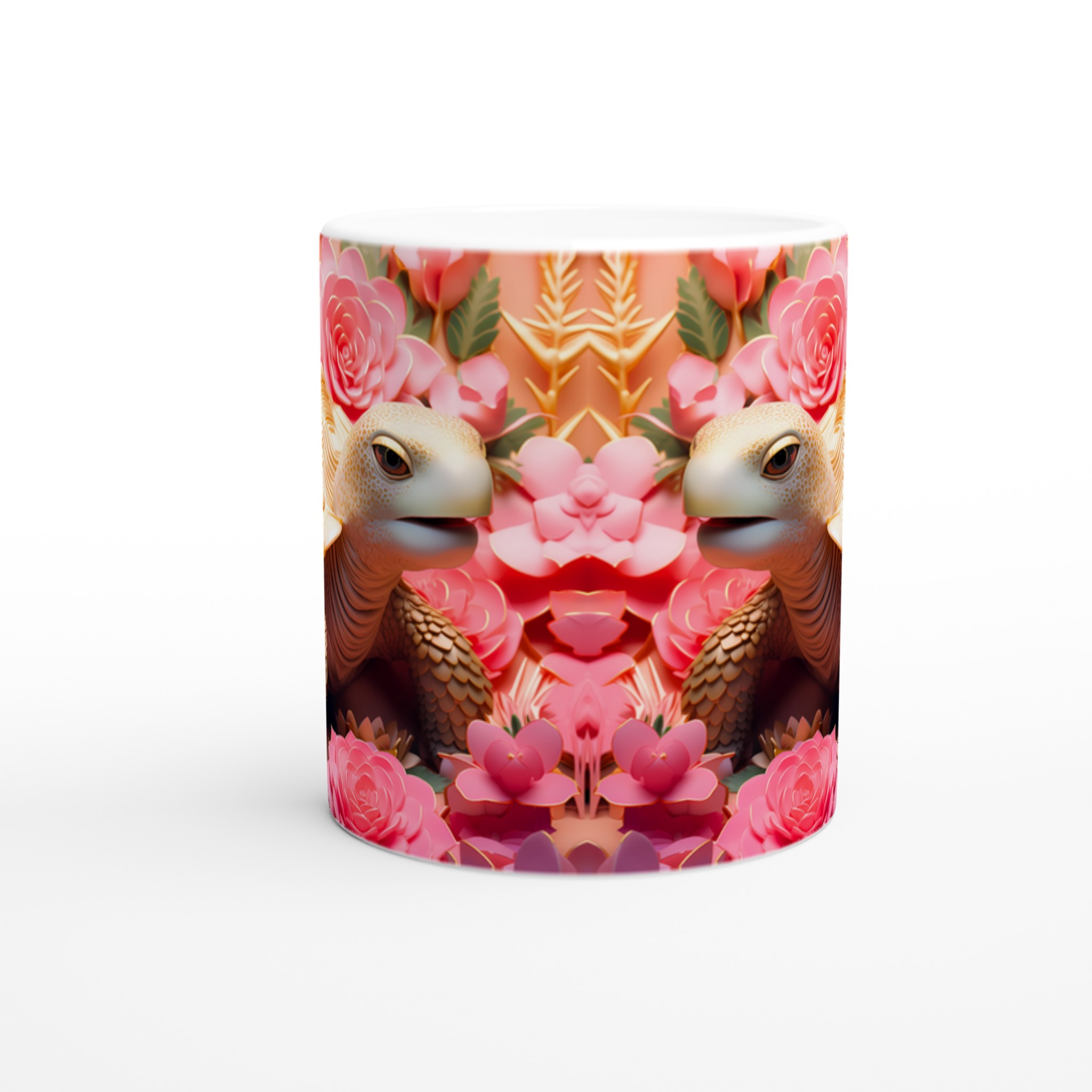 Lyxig Sköldpaddsmugg: Gulddetaljer & Rosa Blommor – 11oz Keramikmugg i Valfri Färg 8 e0012301-dfce-420c-999b-789b64e74ae3