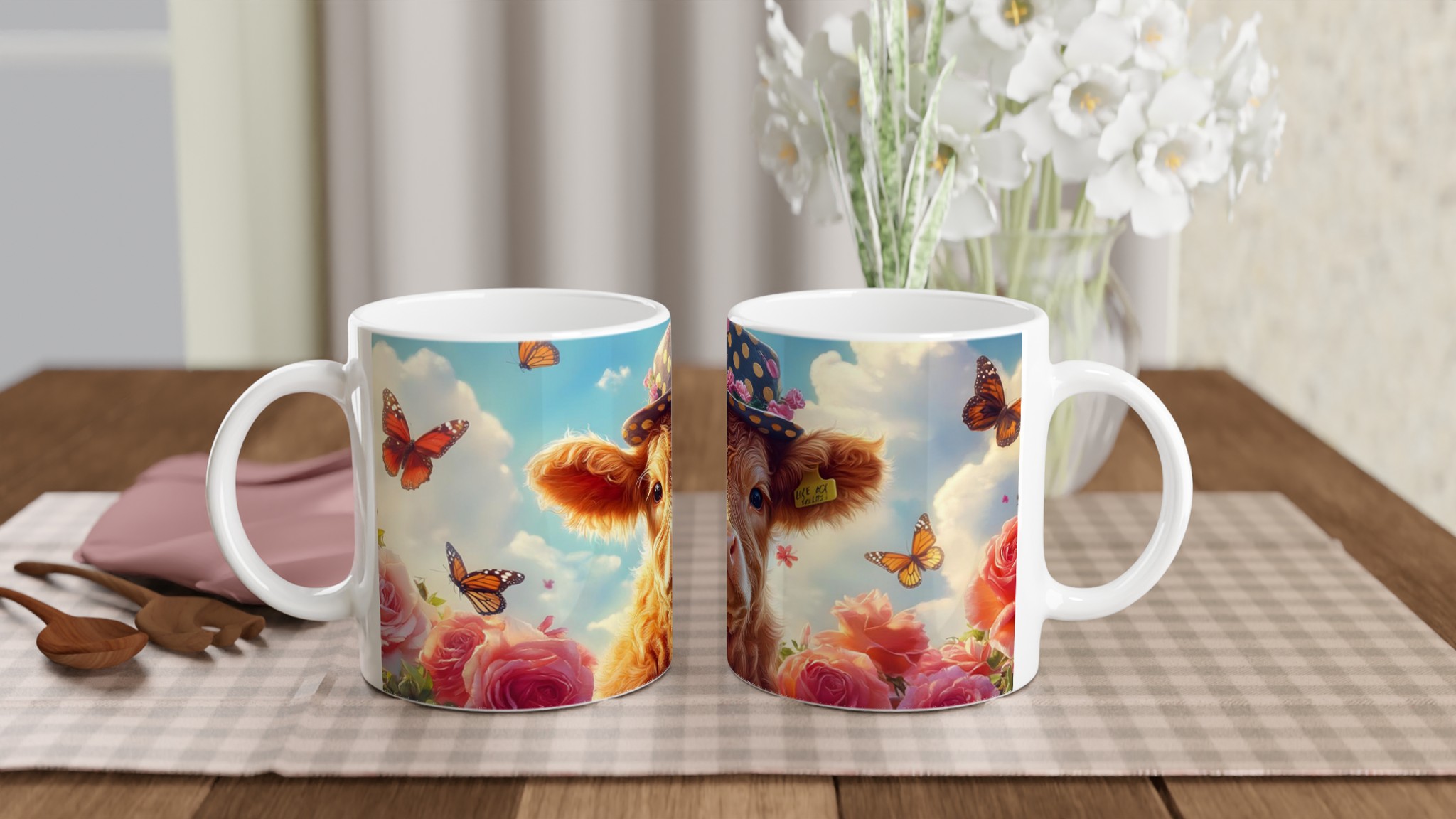 Chic Kalvmugg: Söt Ko med Hatt & Rosor – 11 oz Keramisk Kaffemugg i Valfri Färg 10 e0770420-3a91-4de7-bd34-b8c89f400d60