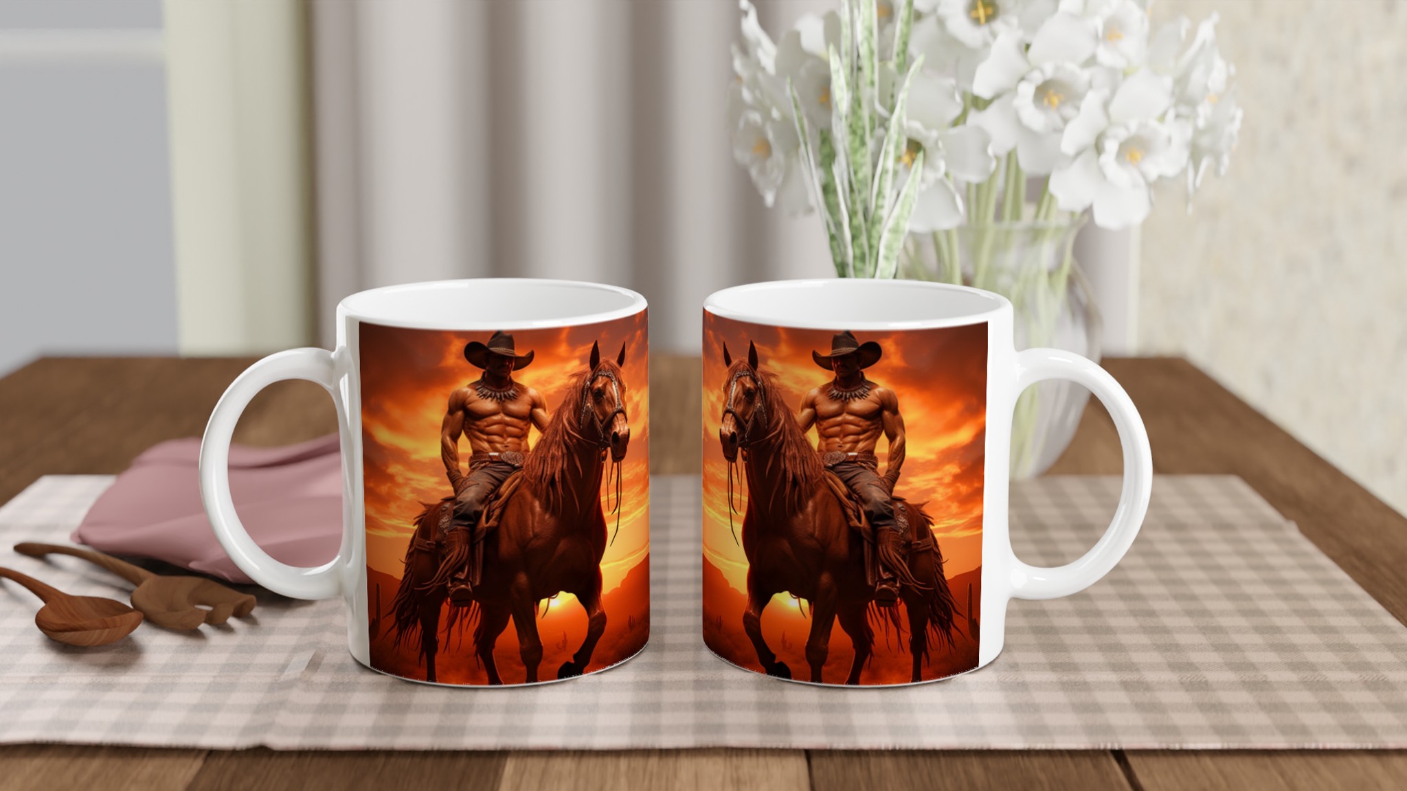 Vilda Västern Solnedgång Mugg – 11 oz Keramikmugg med Musklig Cowboy & Häst 10 e15b4b28-e7de-40de-8be7-7c7895ee42d1
