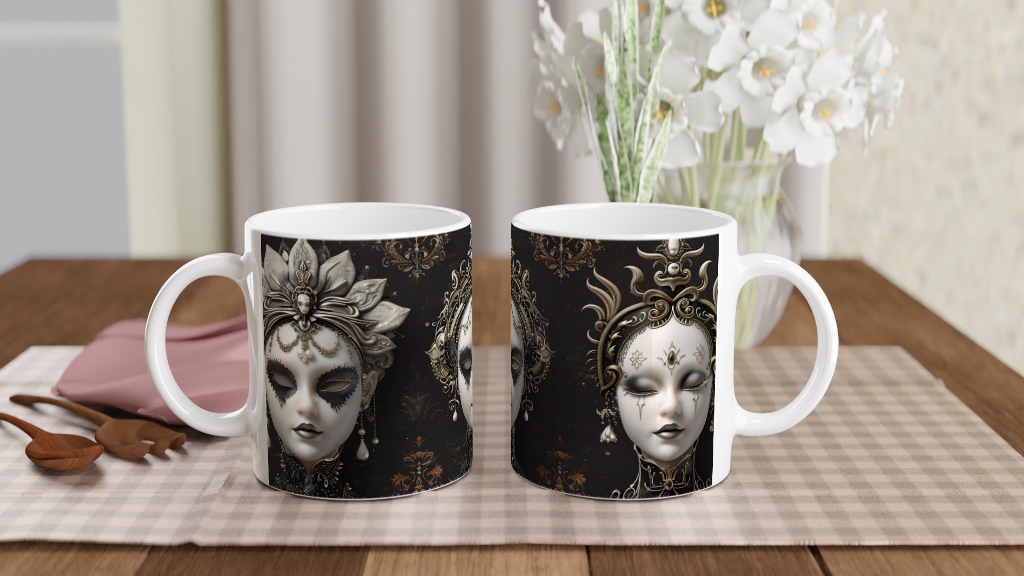 Vit 11oz keramisk mugg med gotiskt maskmotiv – välj din favoritfärg för en dramatisk stil 10 e2559b01-2126-4a30-9128-029ef2b62831