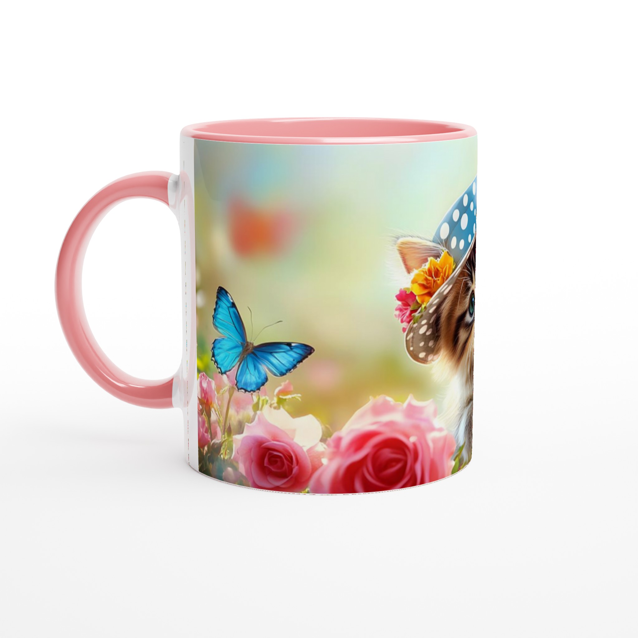 Söt kattunge i trädgård keramisk mugg – charmiga blommor och fjärilar – Välj din favoritfärg! 6 e302e62b-c40f-4173-a695-e6d4243fa70e