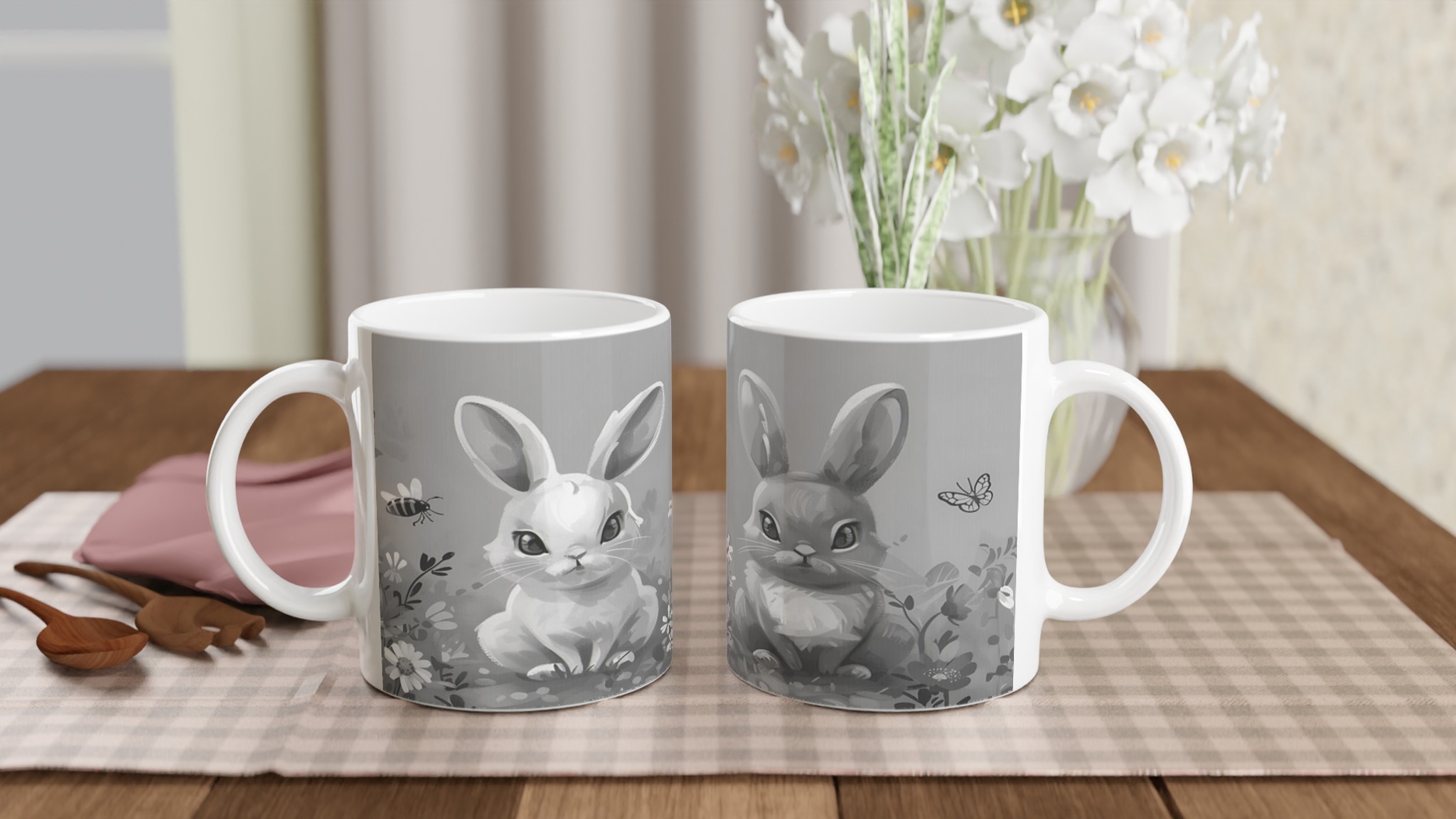 Söta kaniner i blomsteräng - 11oz keramisk mugg för drömmande stunder i din valfria färg! 10 e5180d40-7624-4174-b6cb-232fc31f480d