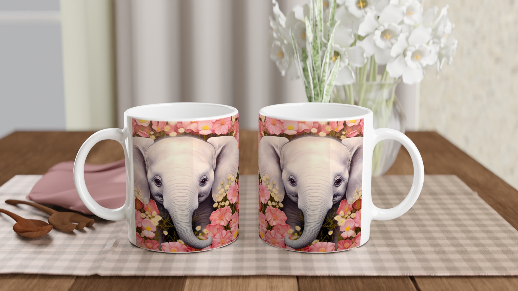 Söt Elefant Bland Rosa Blommor – 11oz Keramikmugg i ditt val av färg 10 e6e63c6b-19cf-4100-8352-85bc2c42af1e