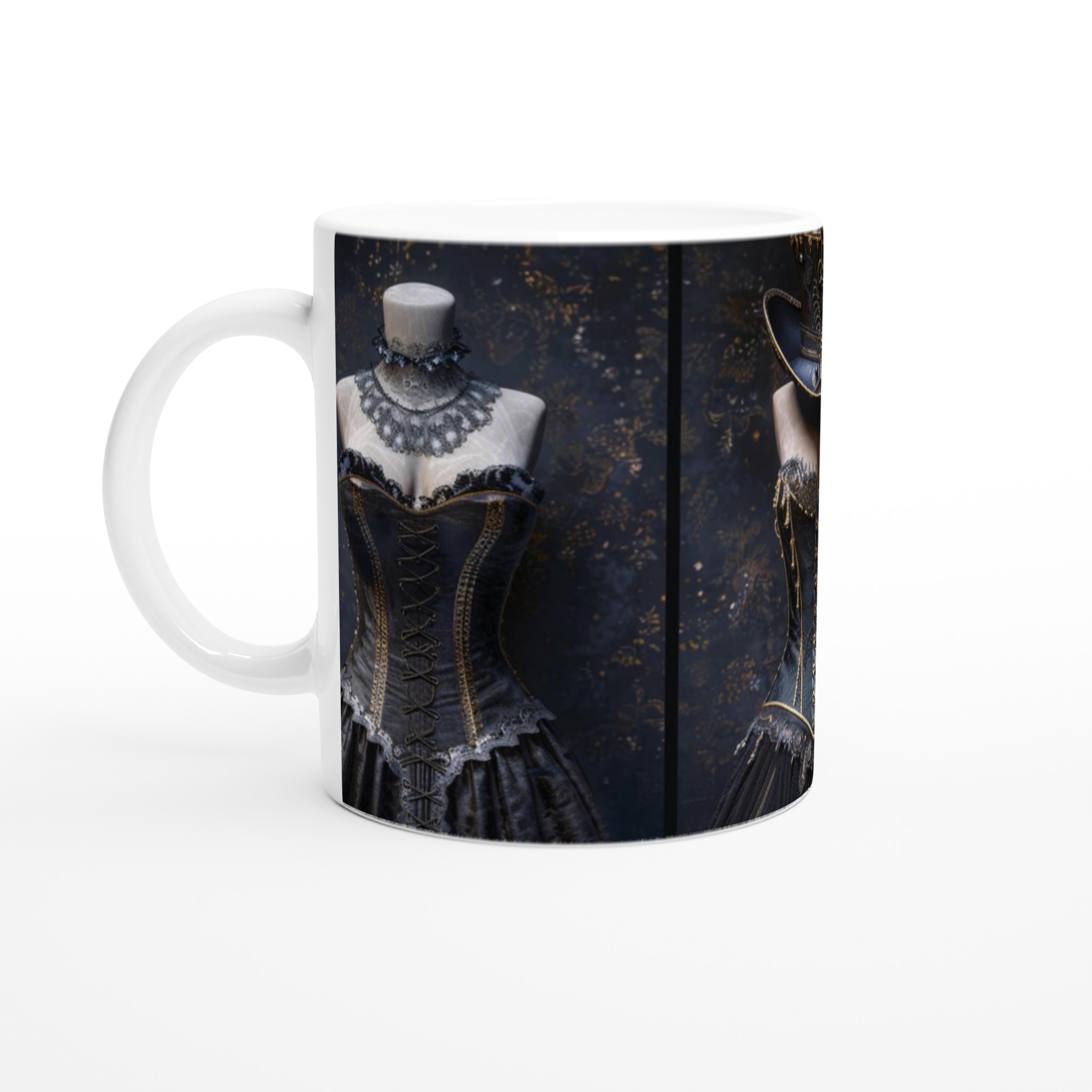Vit 11oz keramisk mugg med elegant svart och guldig steampunkinspiration – välj bland sju klassiska keramfärger 1 e8d5e6fd-a856-4c36-9d6b-0c574c7a0d17