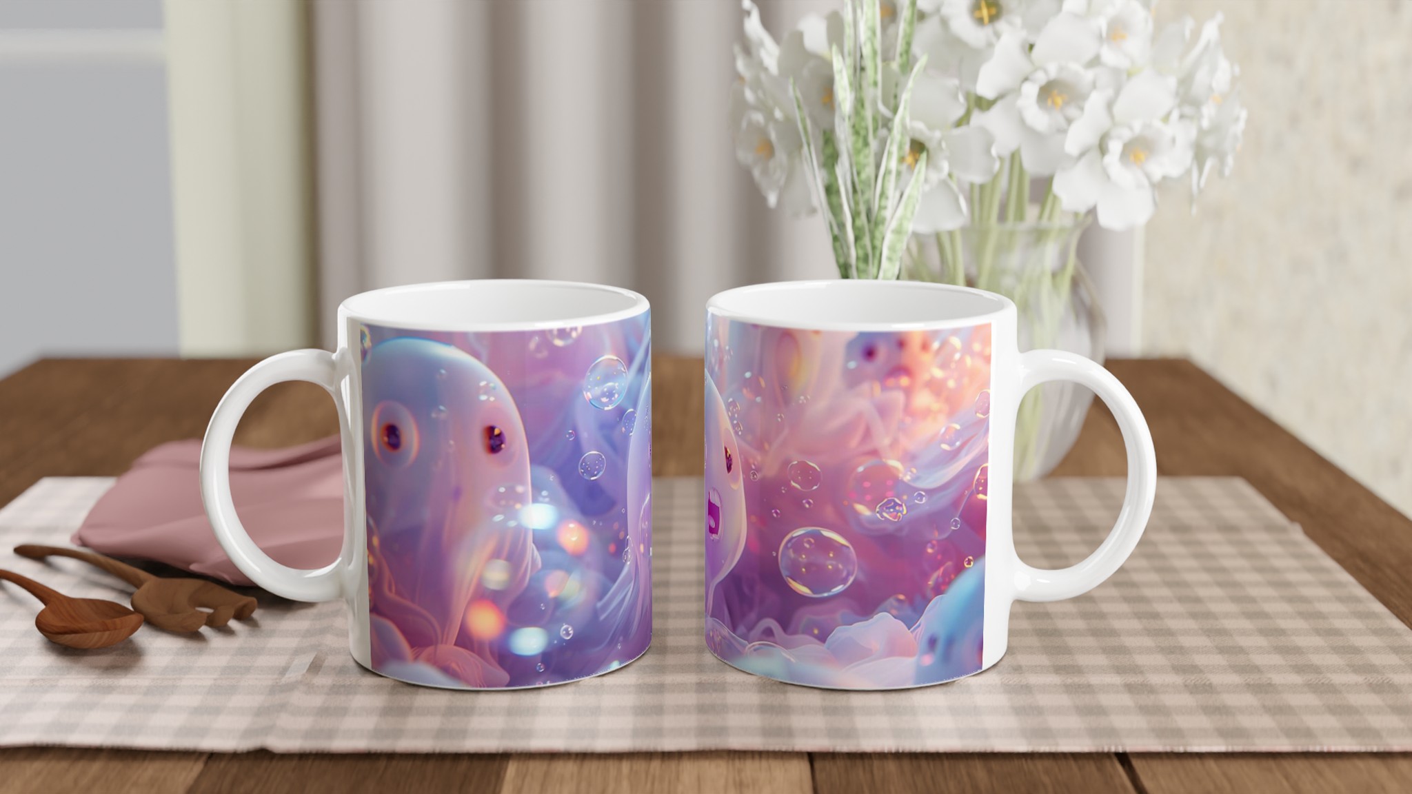Pastell Dröm Mugg: En Vit 11oz Keramikmugg i en Värld av Ljus och Bubblor 10 ea1dcfea-0880-4de5-ab9e-e4bd29d59d14