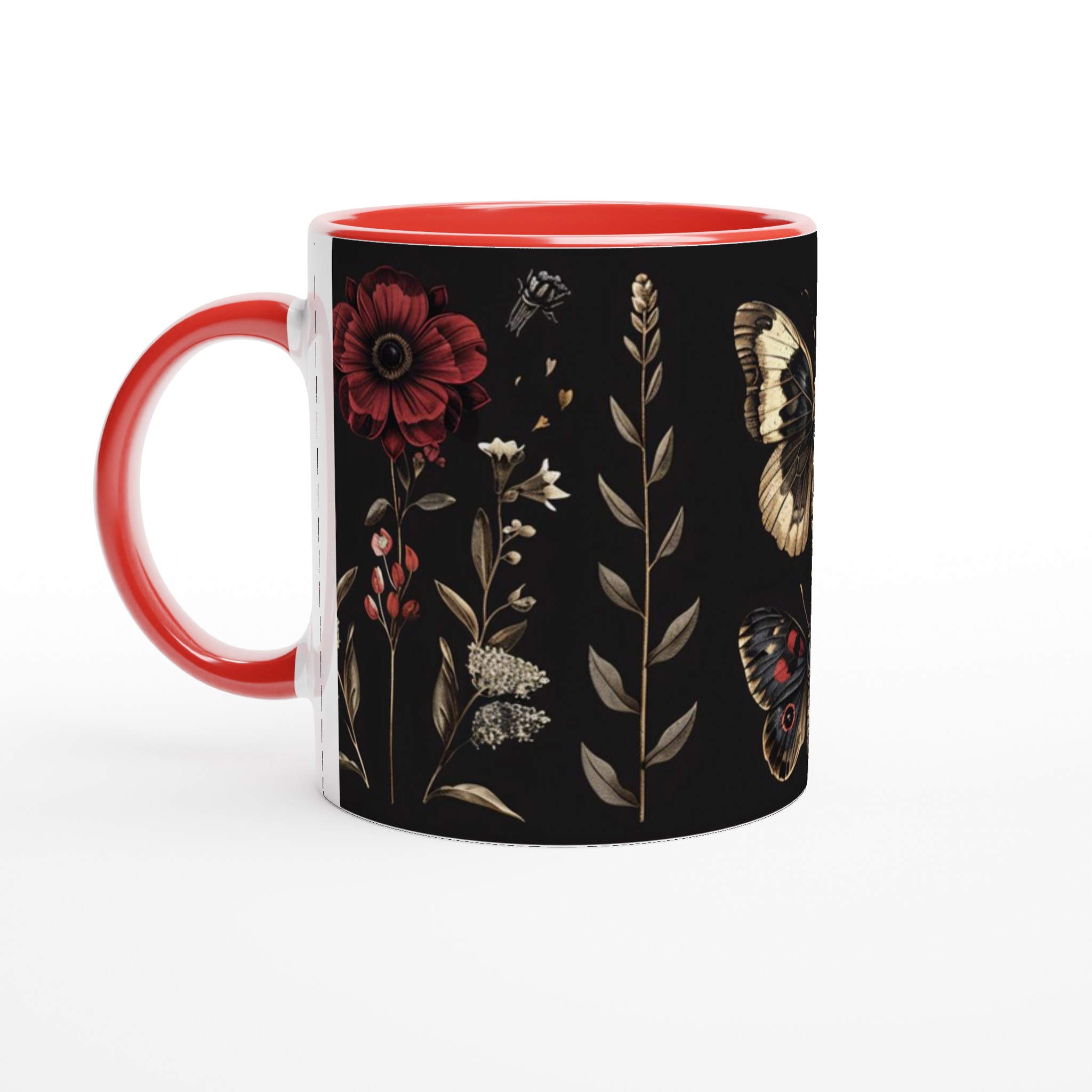 Förförisk Svart Keramikmugg med Mystiska Insekter och Röda Blommor 2 eaae7c4b-8900-452e-a855-a174539f5b96