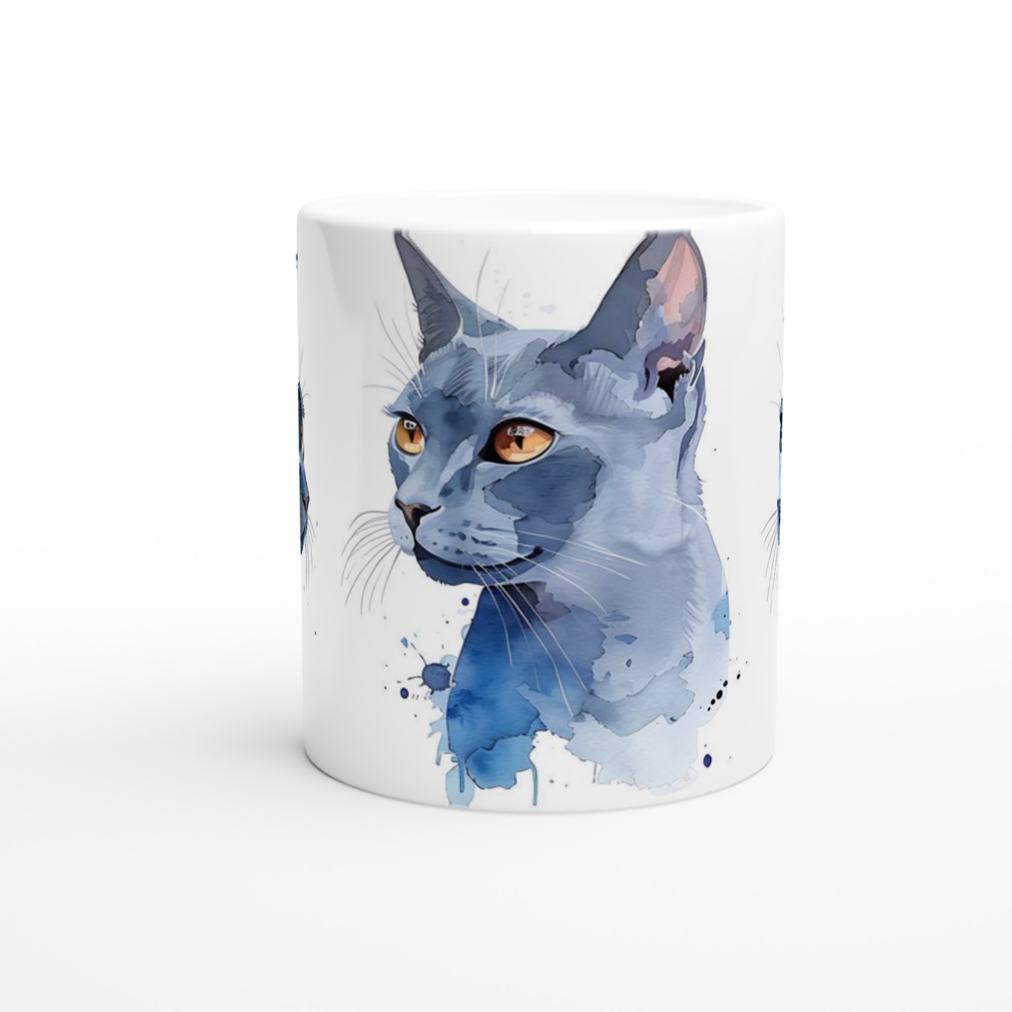 Akvarell Kattmugg - Blå Nyanser med Guld- & Blå Ögon - 11oz Keramisk Mugg 8 edb6feed-9f74-4dc0-9127-e163b85d04ab