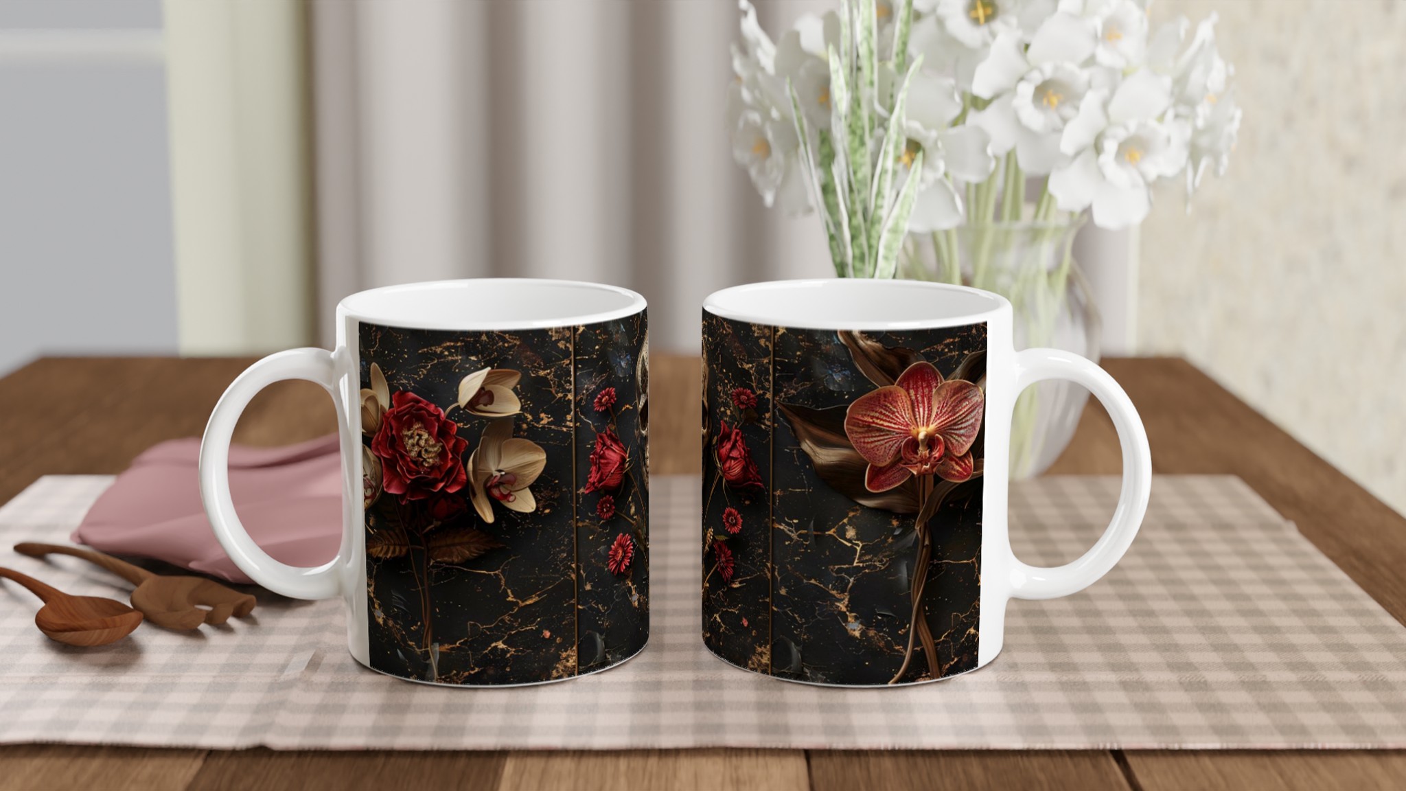 Mystisk Mörk Elegans 11oz Keramisk Mugg – Dödskalle, Blommor & Guldaccenter i Välj Din Färg 10 f108e98c-ed83-405d-a8cb-a21d25392306