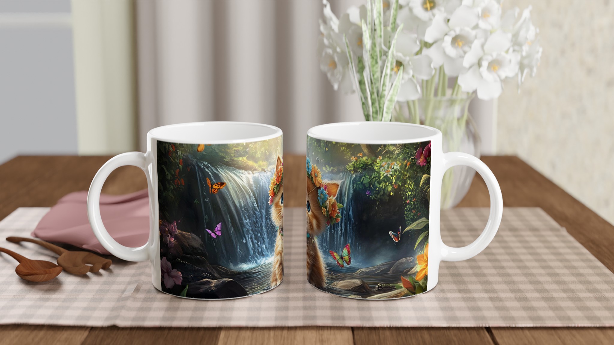Söt kattunge med blomsterkrans – 11 oz keramisk mugg för kaffeälskare, välj din färg! 10 f47fe1be-094a-40ef-9435-ea016133348c