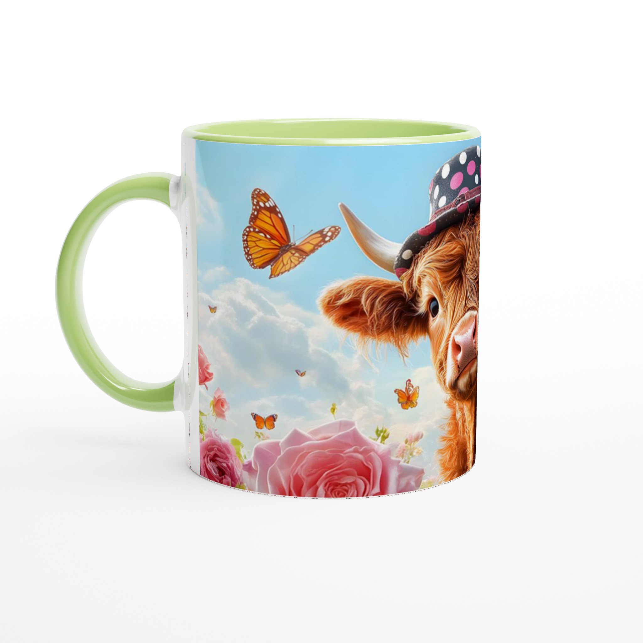 Charmig Highland Ko Mugg - Söt Djurdesign med Rosa Rosor och Fjärilar, i Ditt Val av Keramiska Färger 3 f5b2ba5d-e4a9-4052-8301-3b85f31b7551
