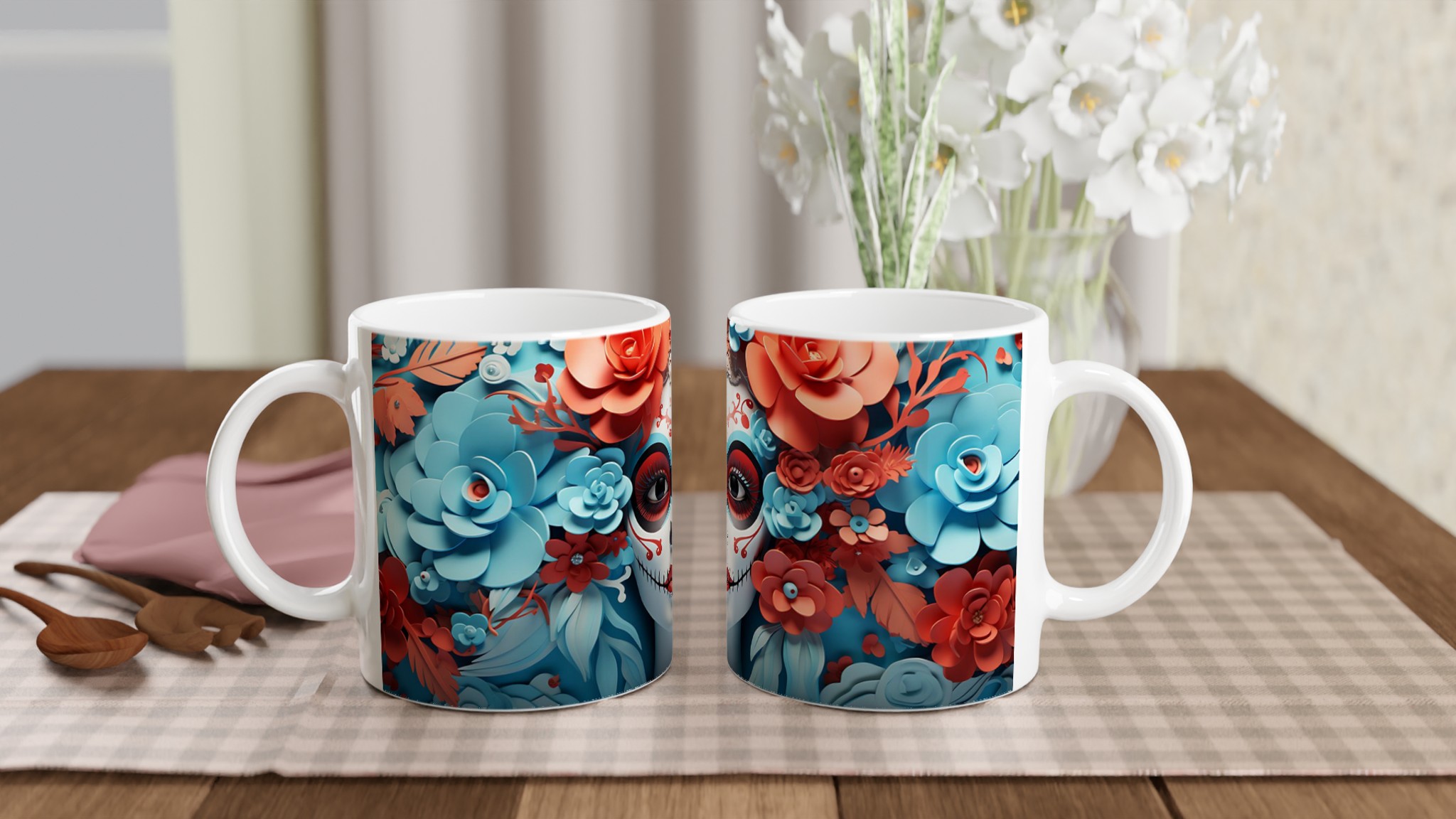 Dia de los Muertos Sugar Skull Mugg - Livlig Design i Blått & Korall, 11oz Keramikmugg för Festliga Stunder 10 f7102ec5-92a5-4106-8fef-186b0ee9d733