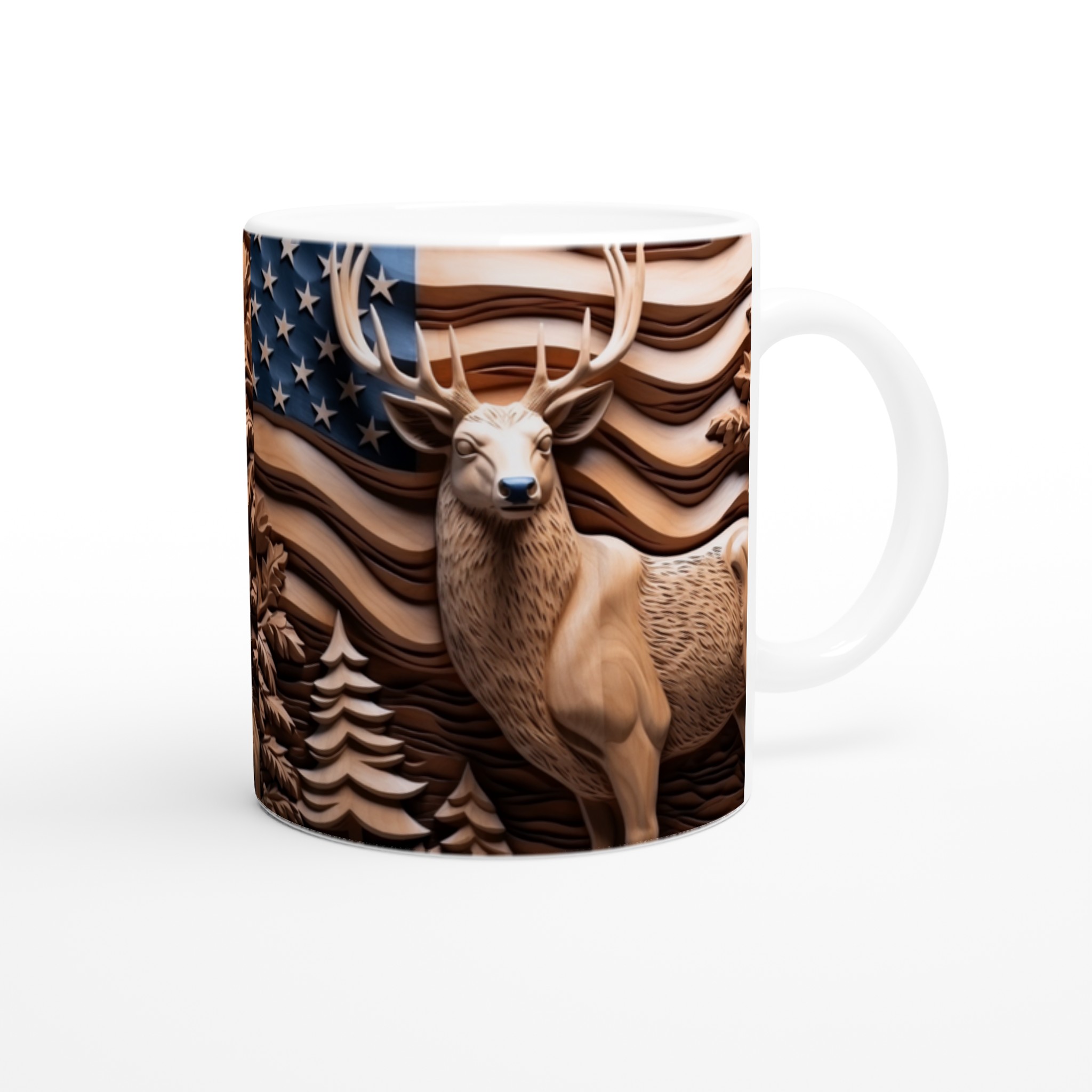 Jaktinspirerad Keramikmugg - Skogsdesign med Rådjur & Amerikanska Flaggan i Träsnittsstil, Välj din färg! 9 f91cbc9e-640b-4a61-ad63-2aa9e2b03a4b