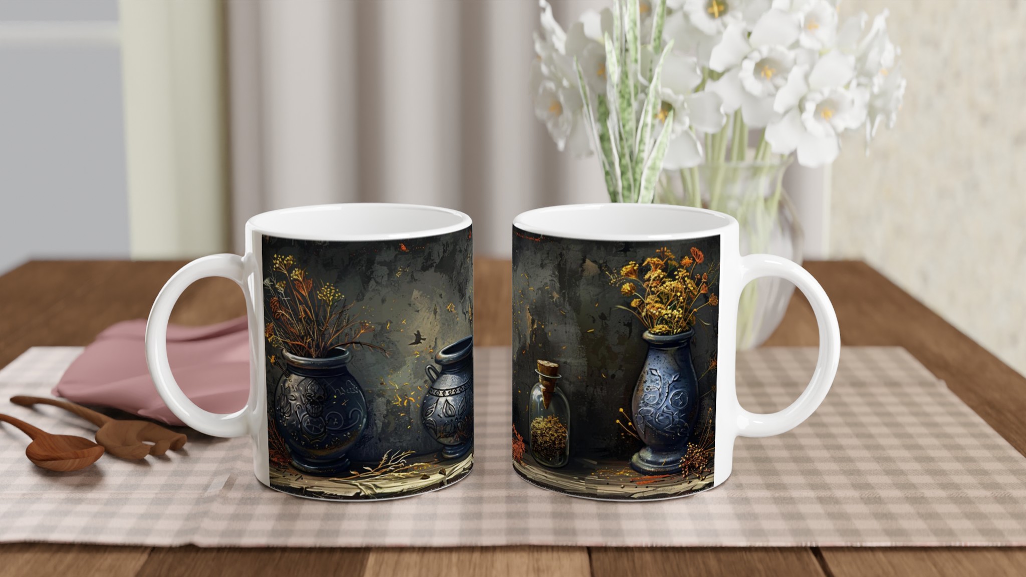 Vit 11oz keramisk mugg med konstnärligt mörkt vasmotiv – välj bland sju sofistikerade färger 10 f9d48d0b-50cf-4876-b7d6-312daa419dd9